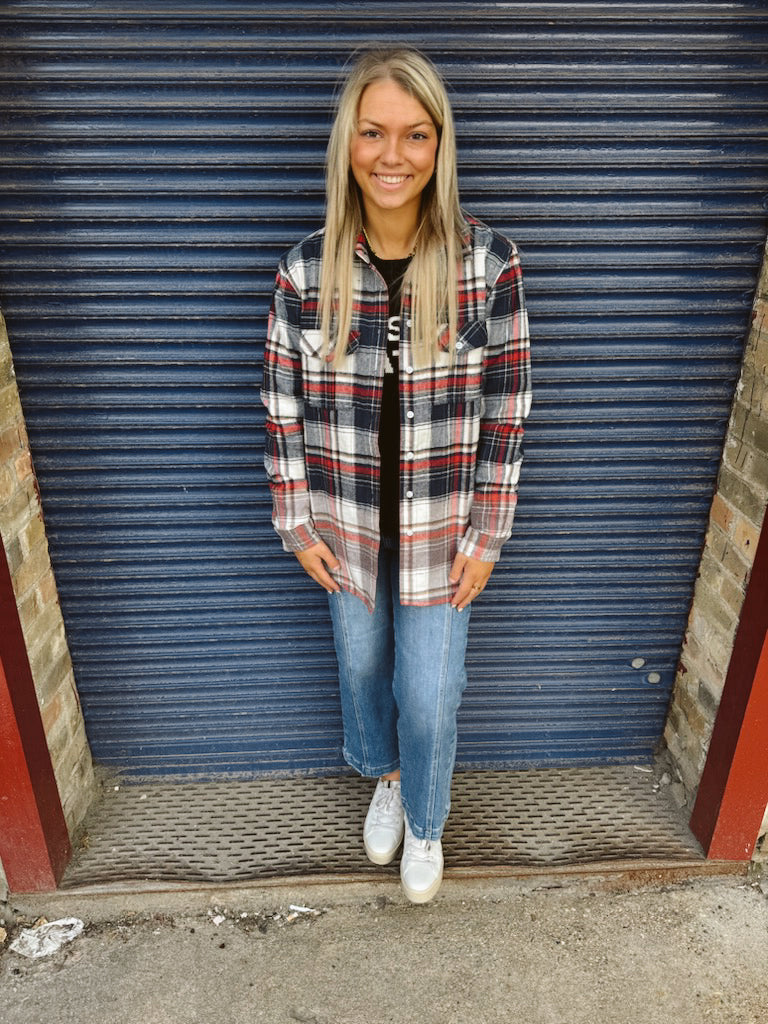 Navy and Red Plaid Flannel-Final Sale-Long Sleeve Tops-panaache-The Silo Boutique, Women's Fashion Boutique Located in Warren and Grand Forks North Dakota