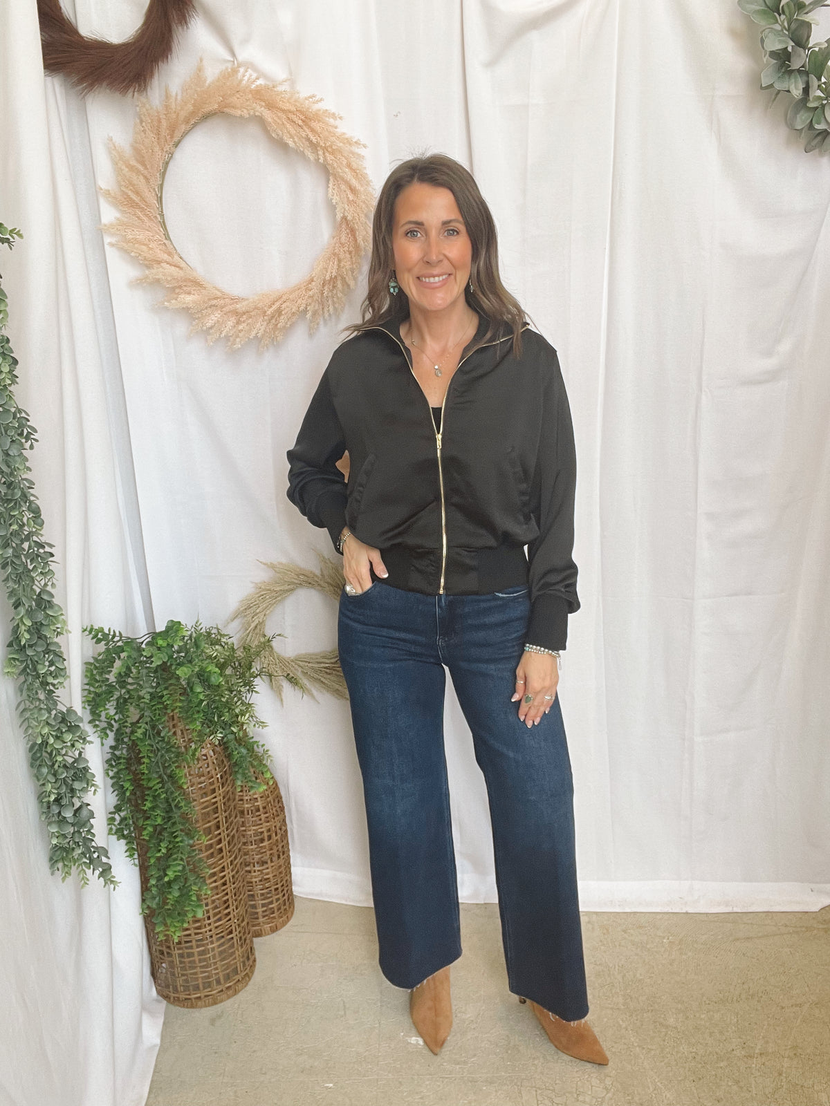 Georgia Black Satin Bomber Jacket-Coats & Jackets-glam-The Silo Boutique, Women's Fashion Boutique Located in Warren and Grand Forks North Dakota
