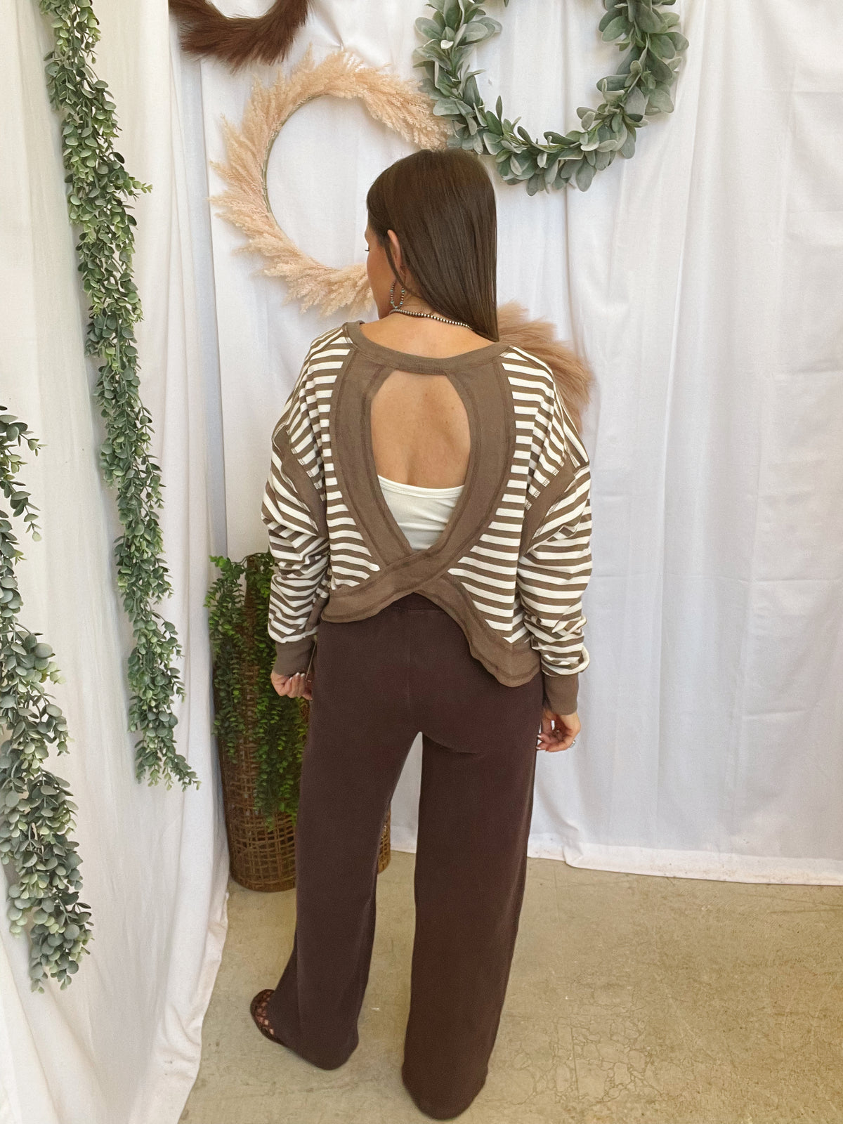 Talia Open Back Sweatshirt-Mocha-sweashirts-hyfve-The Silo Boutique, Women's Fashion Boutique Located in Warren and Grand Forks North Dakota
