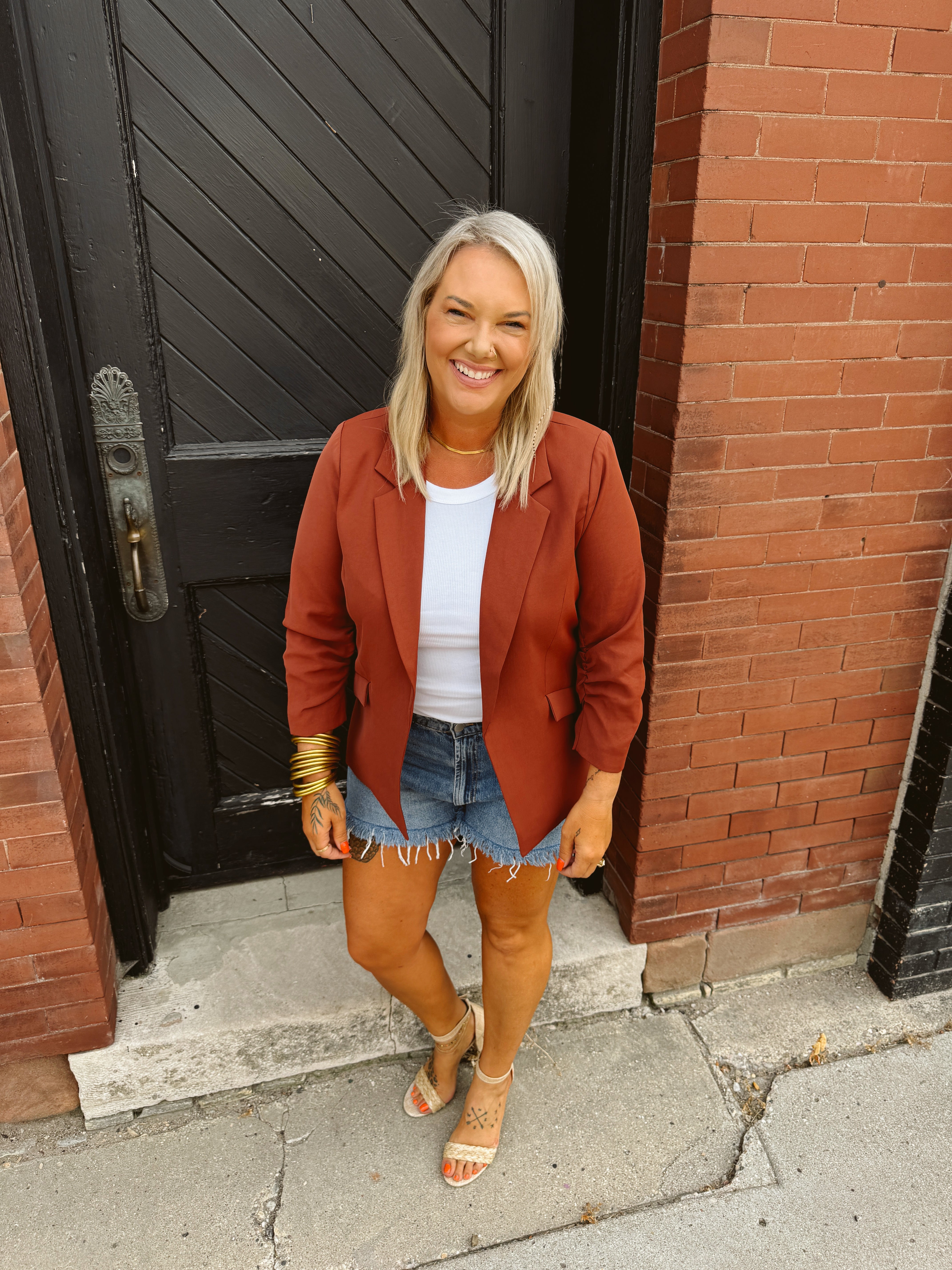 Skies Cognac Shirred Blazer-Blazers-skies are blue-The Silo Boutique, Women's Fashion Boutique Located in Warren and Grand Forks North Dakota