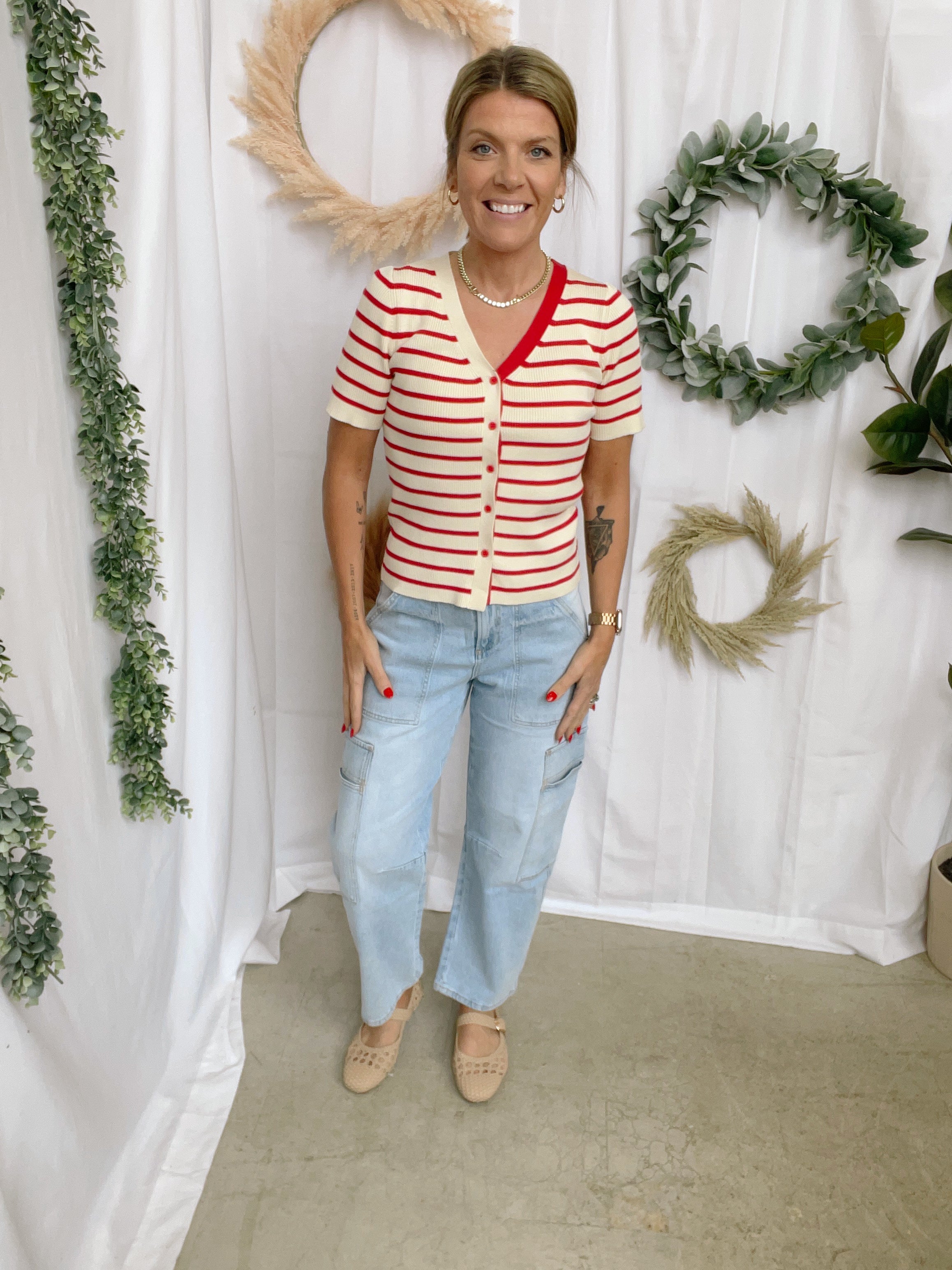 Red Stripe V Neck Button Down Top-Tank Tops-stacatto-The Silo Boutique, Women's Fashion Boutique Located in Warren and Grand Forks North Dakota