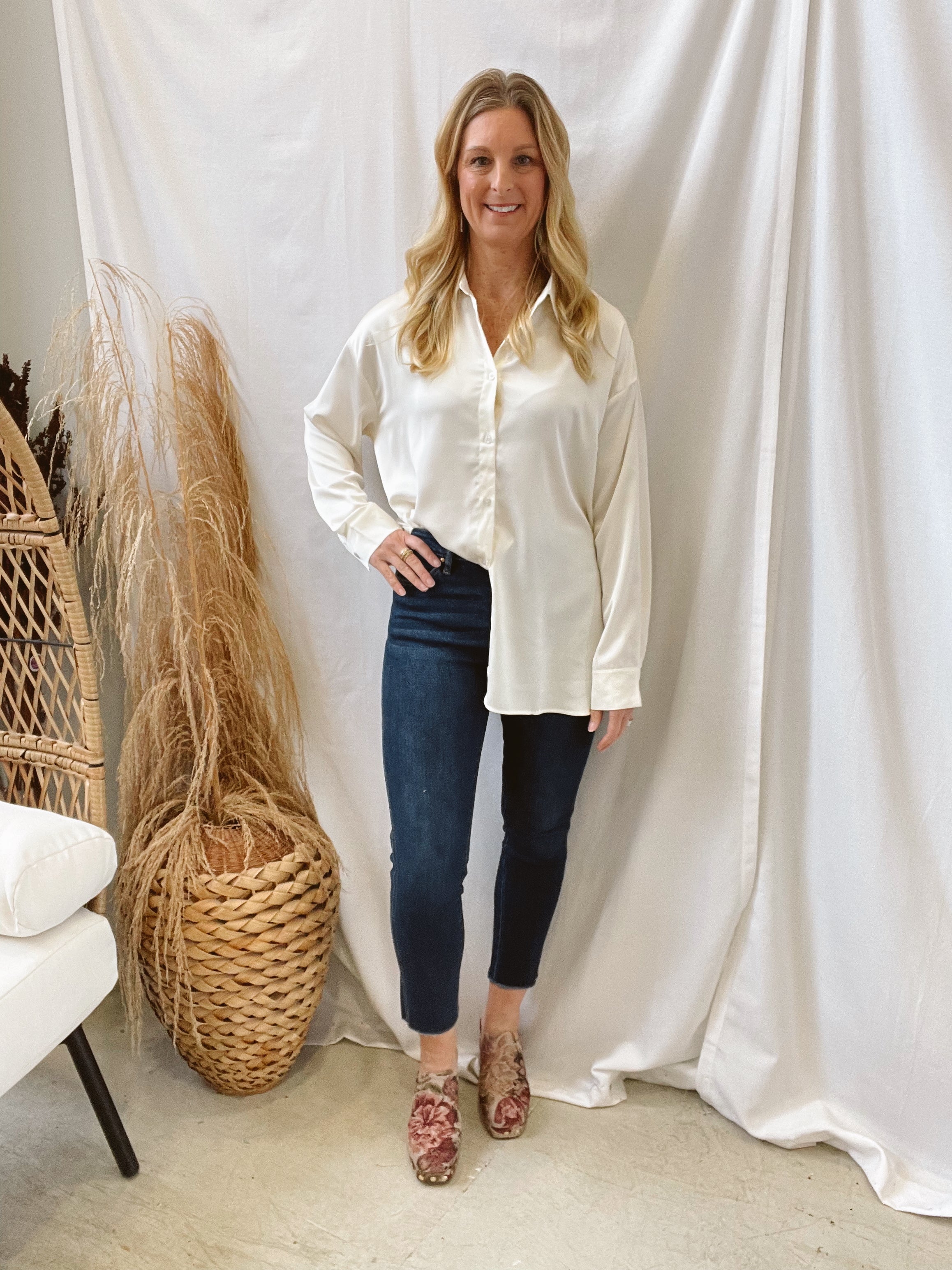Oversized Satin Top-Cream-Final Sale-Long Sleeve Tops-hyfve-The Silo Boutique, Women's Fashion Boutique Located in Warren and Grand Forks North Dakota