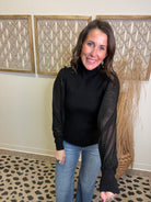 Elan Quinn Sweater Mesh Sleeve Top-Long Sleeve Tops-elan-The Silo Boutique, Women's Fashion Boutique Located in Warren and Grand Forks North Dakota