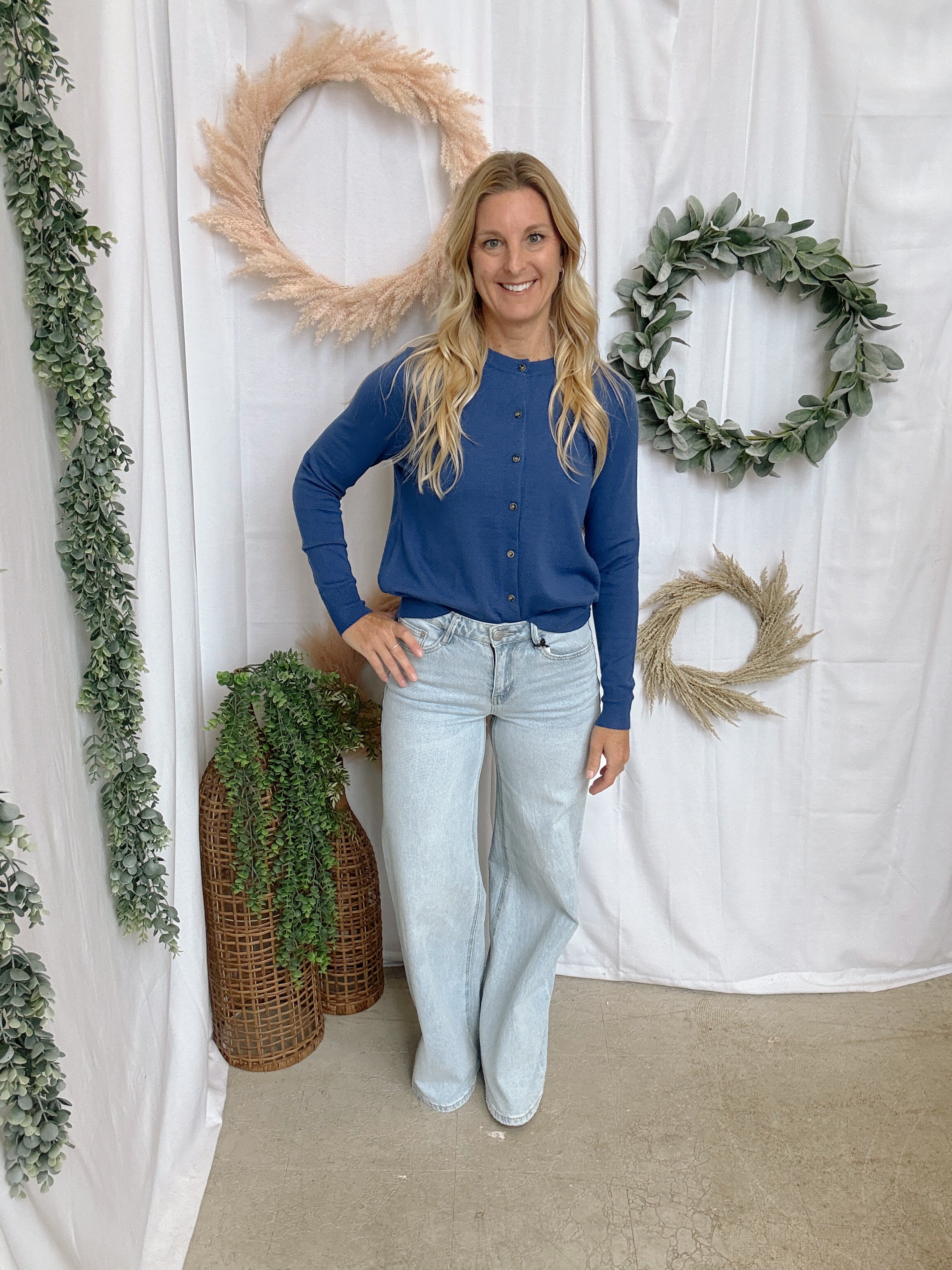 Celia Button Up Cardigan-Blue-Cardigans-staccato-The Silo Boutique, Women's Fashion Boutique Located in Warren and Grand Forks North Dakota