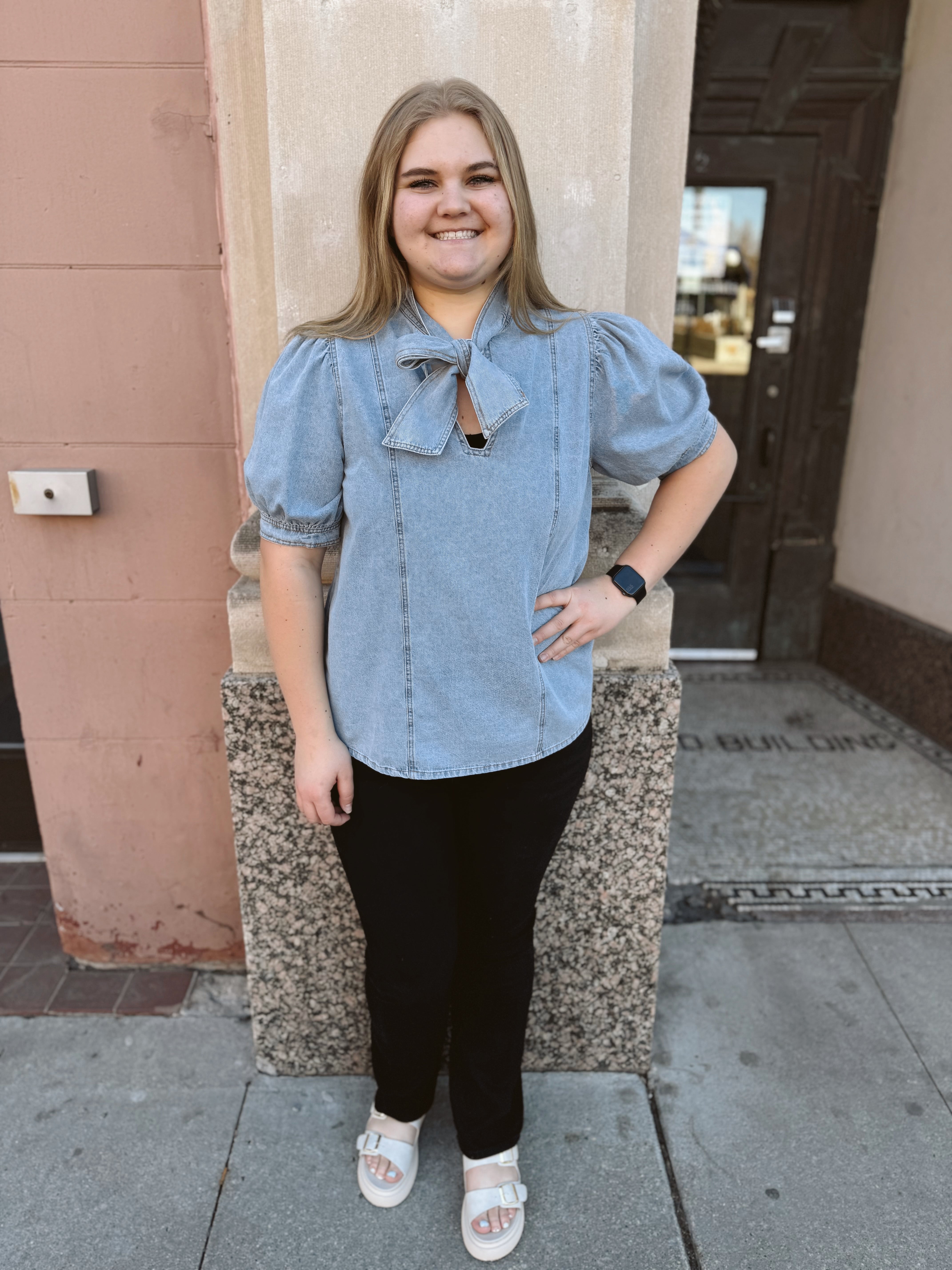 Denim Tie Neck Top-Short Sleeve Tops-ENTRO-The Silo Boutique, Women's Fashion Boutique Located in Warren and Grand Forks North Dakota