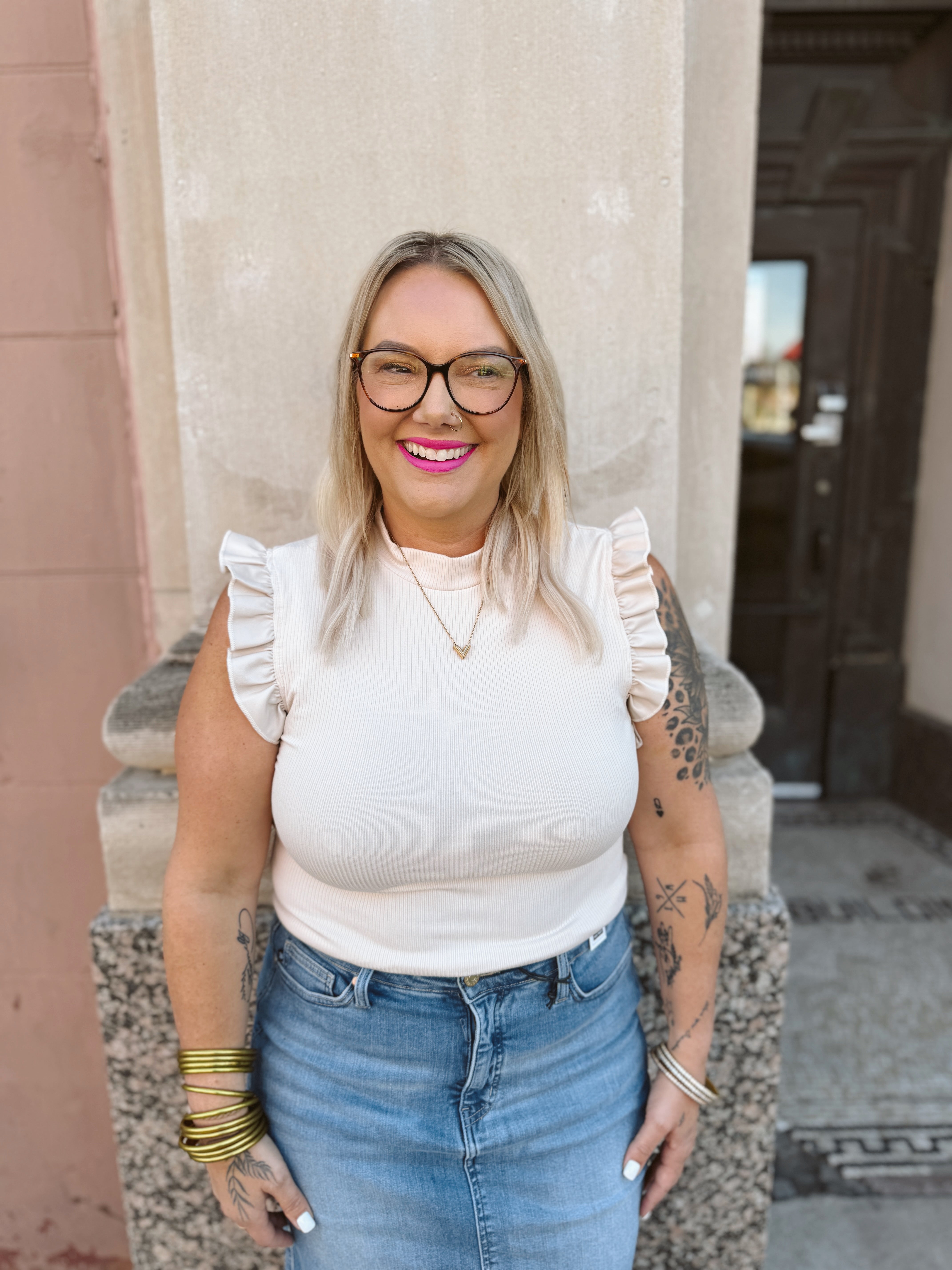 Rae Beige Leather Ruffle Sleeve Tank Top-Tank Tops-Doe and Rae-The Silo Boutique, Women's Fashion Boutique Located in Warren and Grand Forks North Dakota