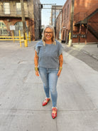 Denim Top With Pearl Details-Short Sleeve Tops-bibi-The Silo Boutique, Women's Fashion Boutique Located in Warren and Grand Forks North Dakota