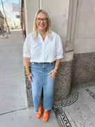 Glam White Button Down Top-Short Sleeve Tops-ENTRO-The Silo Boutique, Women's Fashion Boutique Located in Warren and Grand Forks North Dakota