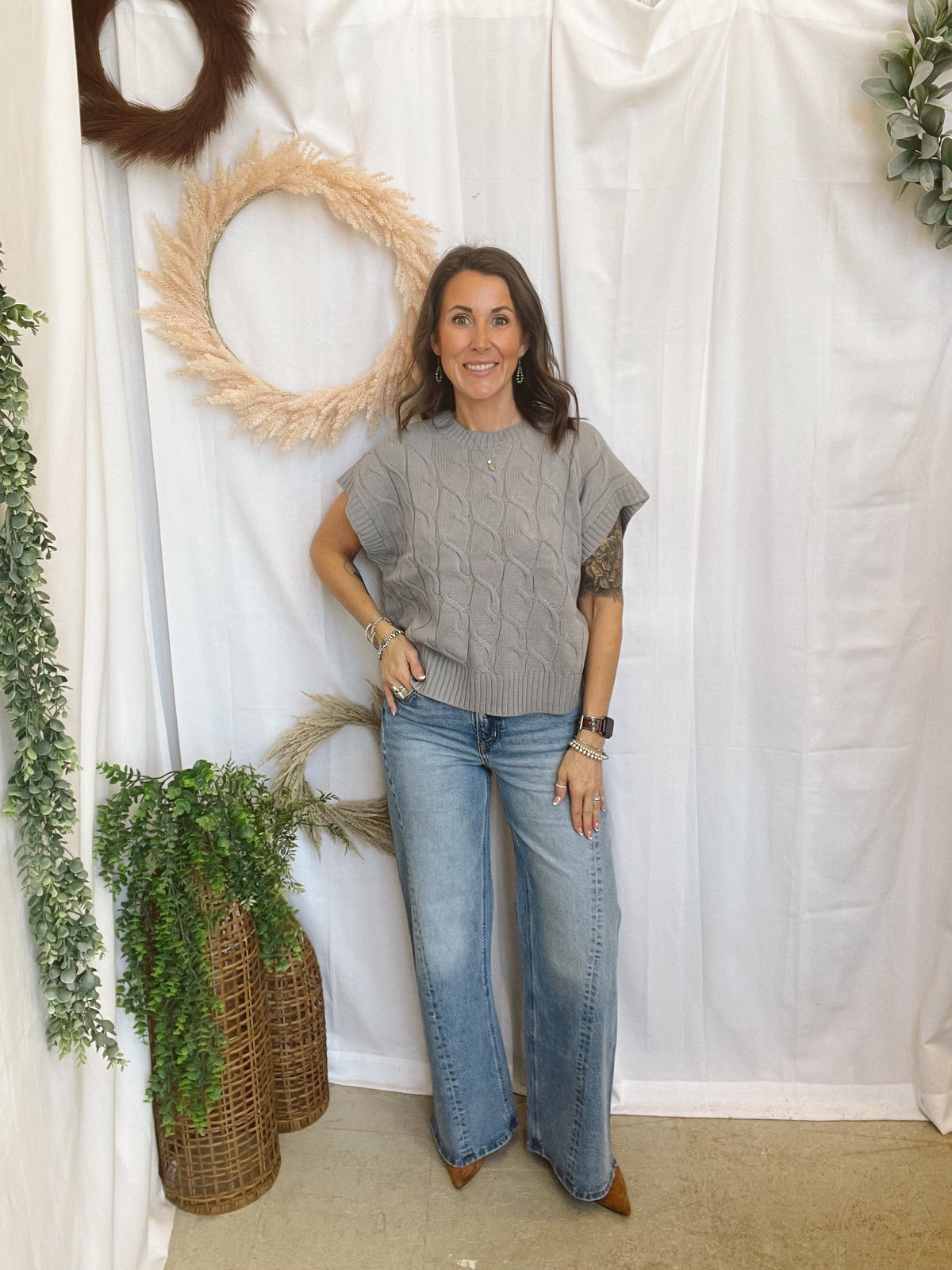Kori Cable Short Sleeve Sweater-Gray-Sweaters-hyfve-The Silo Boutique, Women's Fashion Boutique Located in Warren and Grand Forks North Dakota