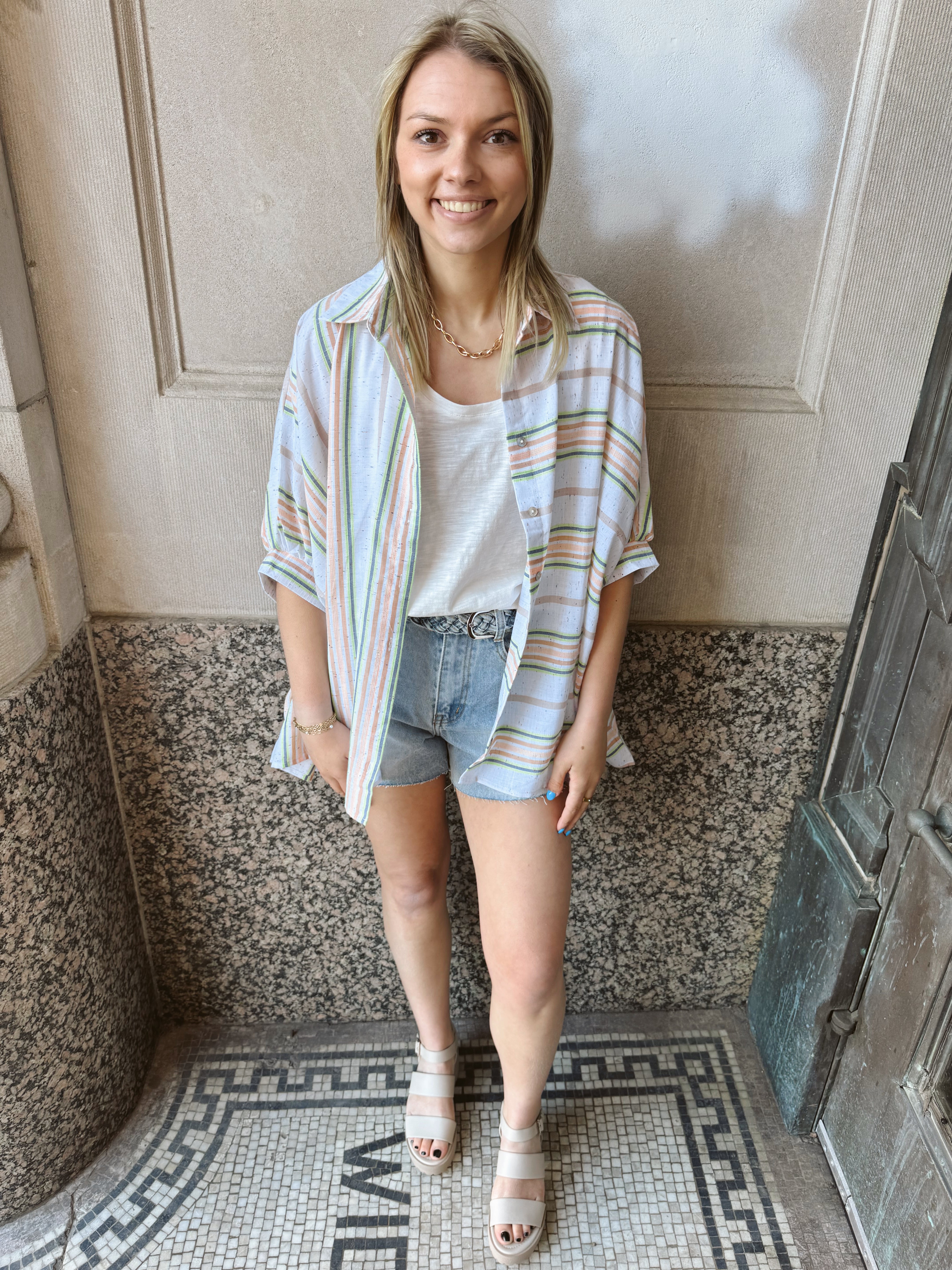 Pastels Striped Button Down Top-Short Sleeve Tops-ENTRO-The Silo Boutique, Women's Fashion Boutique Located in Warren and Grand Forks North Dakota