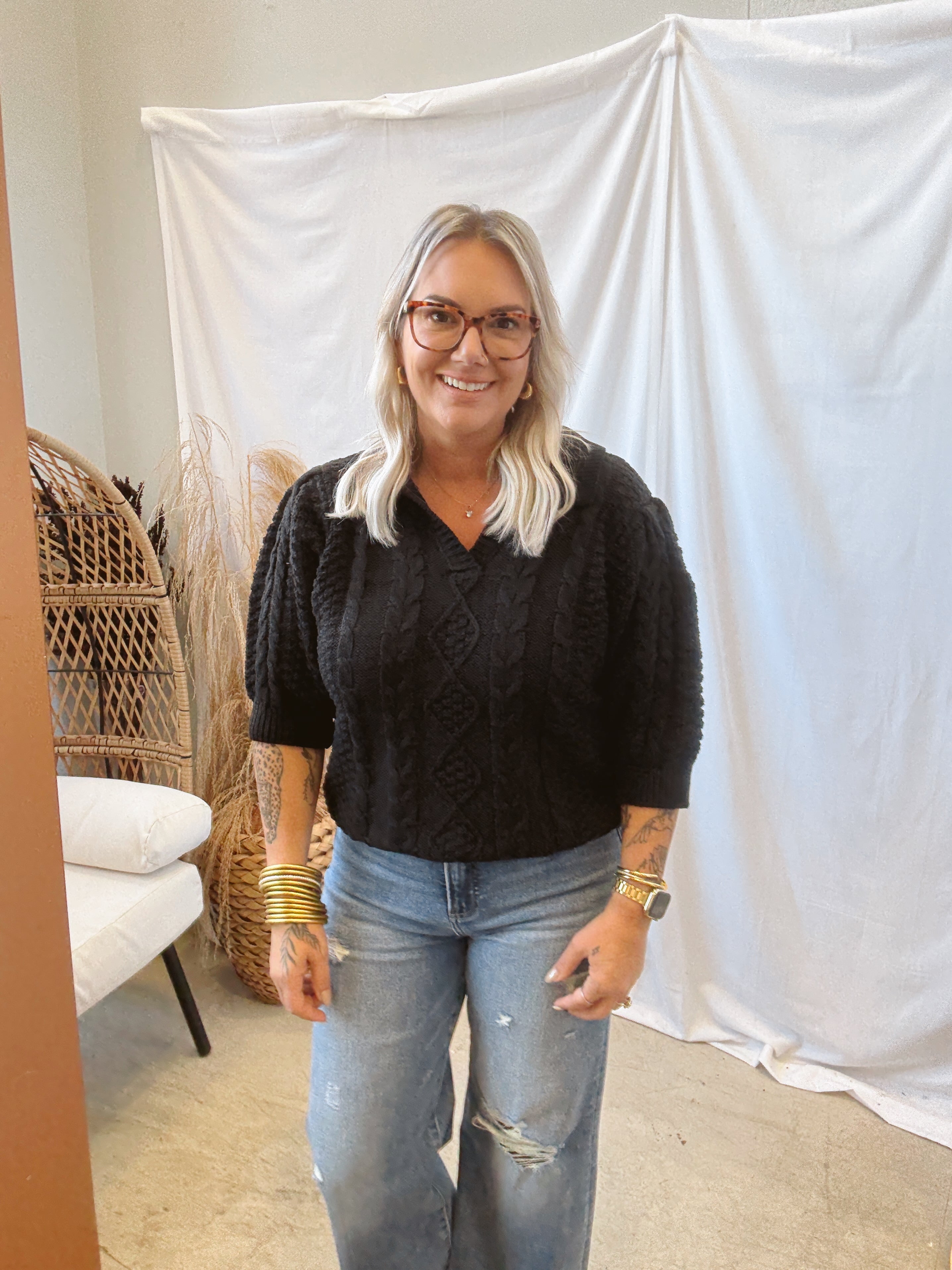 Cable Collared V Neck Sweater-Black-Final Sale-Sweaters-oddi-The Silo Boutique, Women's Fashion Boutique Located in Warren and Grand Forks North Dakota