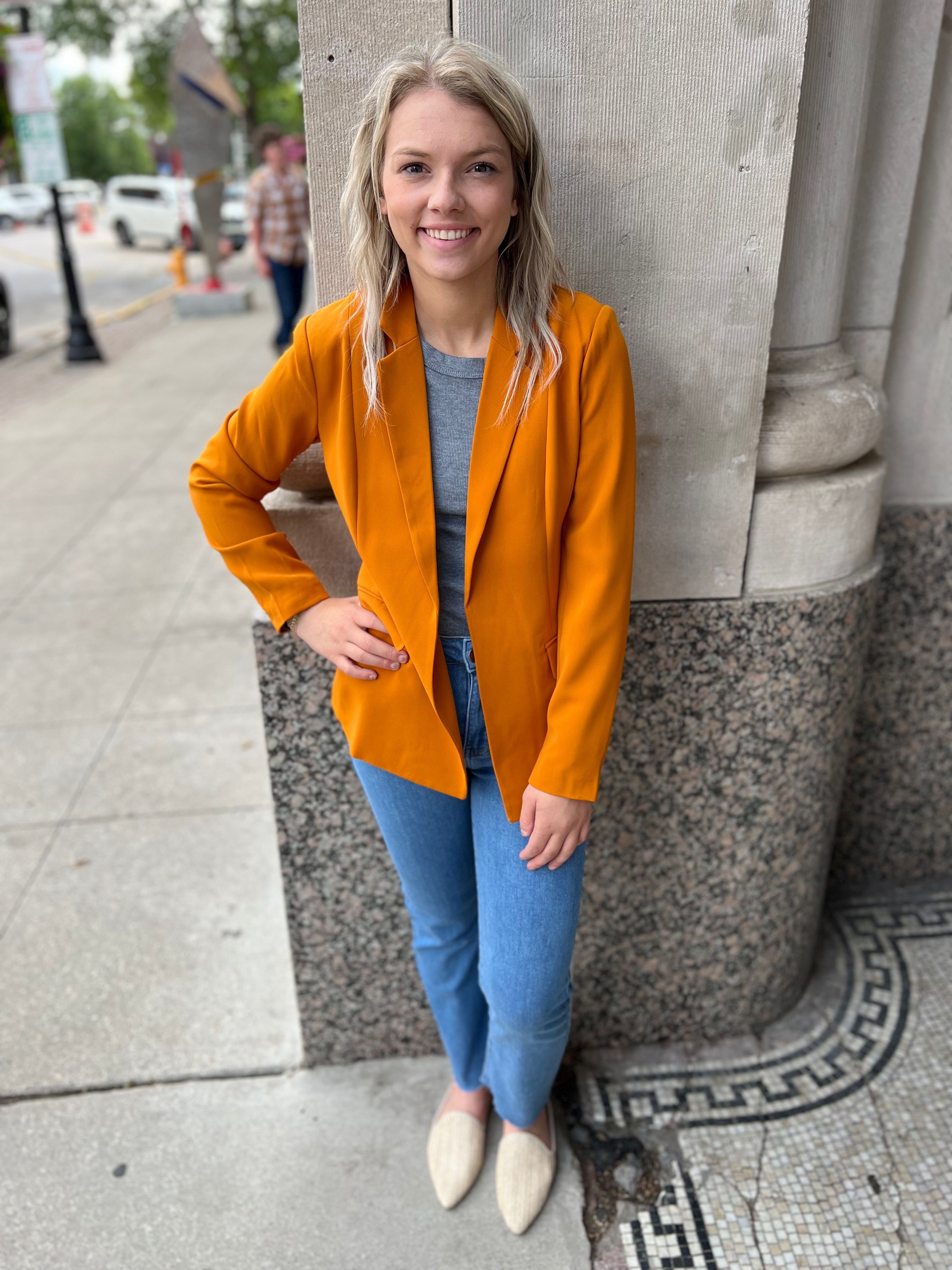 Golden Mustard Blazer-Blazers-skies are blue-The Silo Boutique, Women's Fashion Boutique Located in Warren and Grand Forks North Dakota