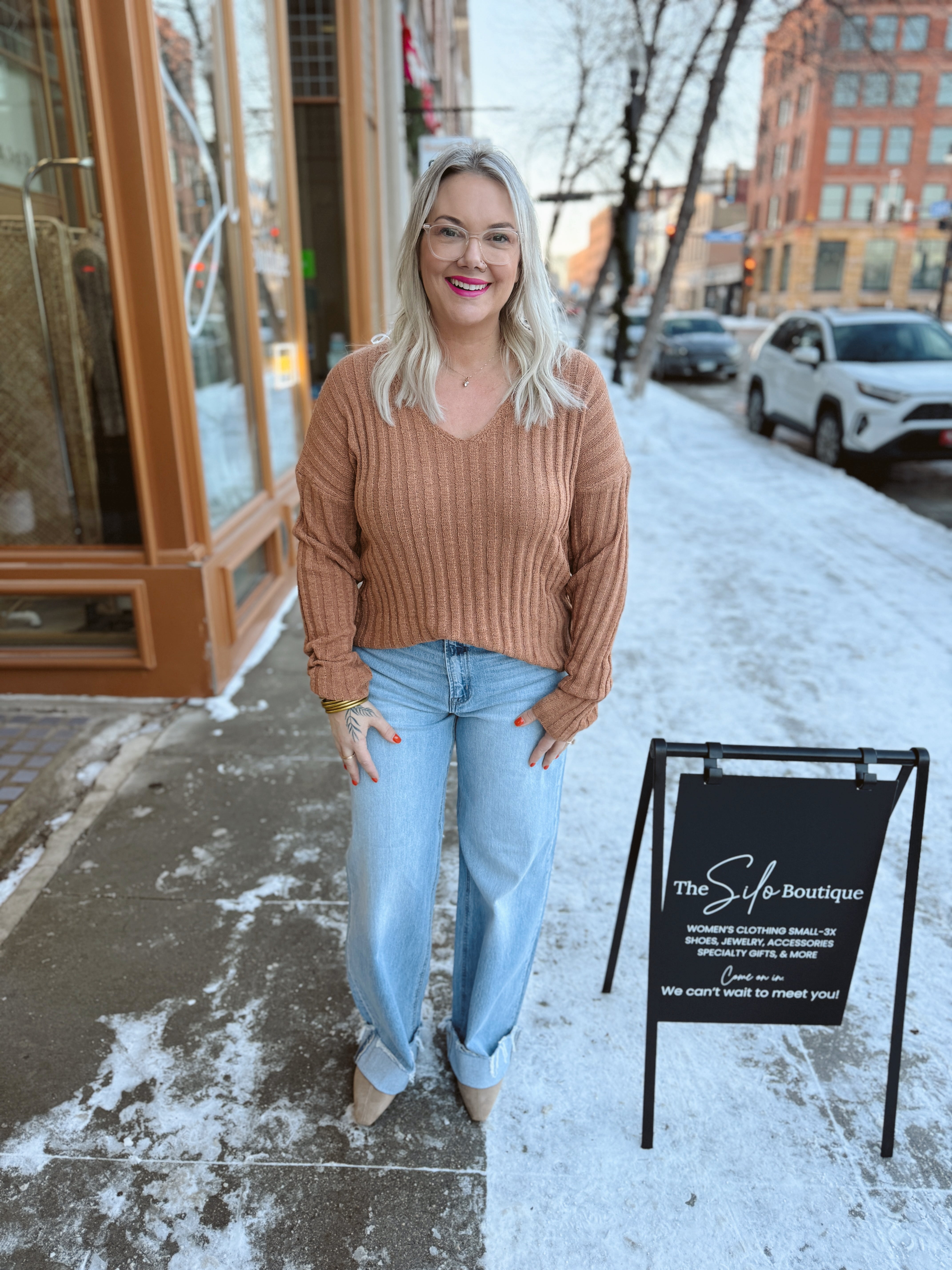 Raised Rib V Neck Sweater-Camel-Sweaters-be cool-The Silo Boutique, Women's Fashion Boutique Located in Warren and Grand Forks North Dakota