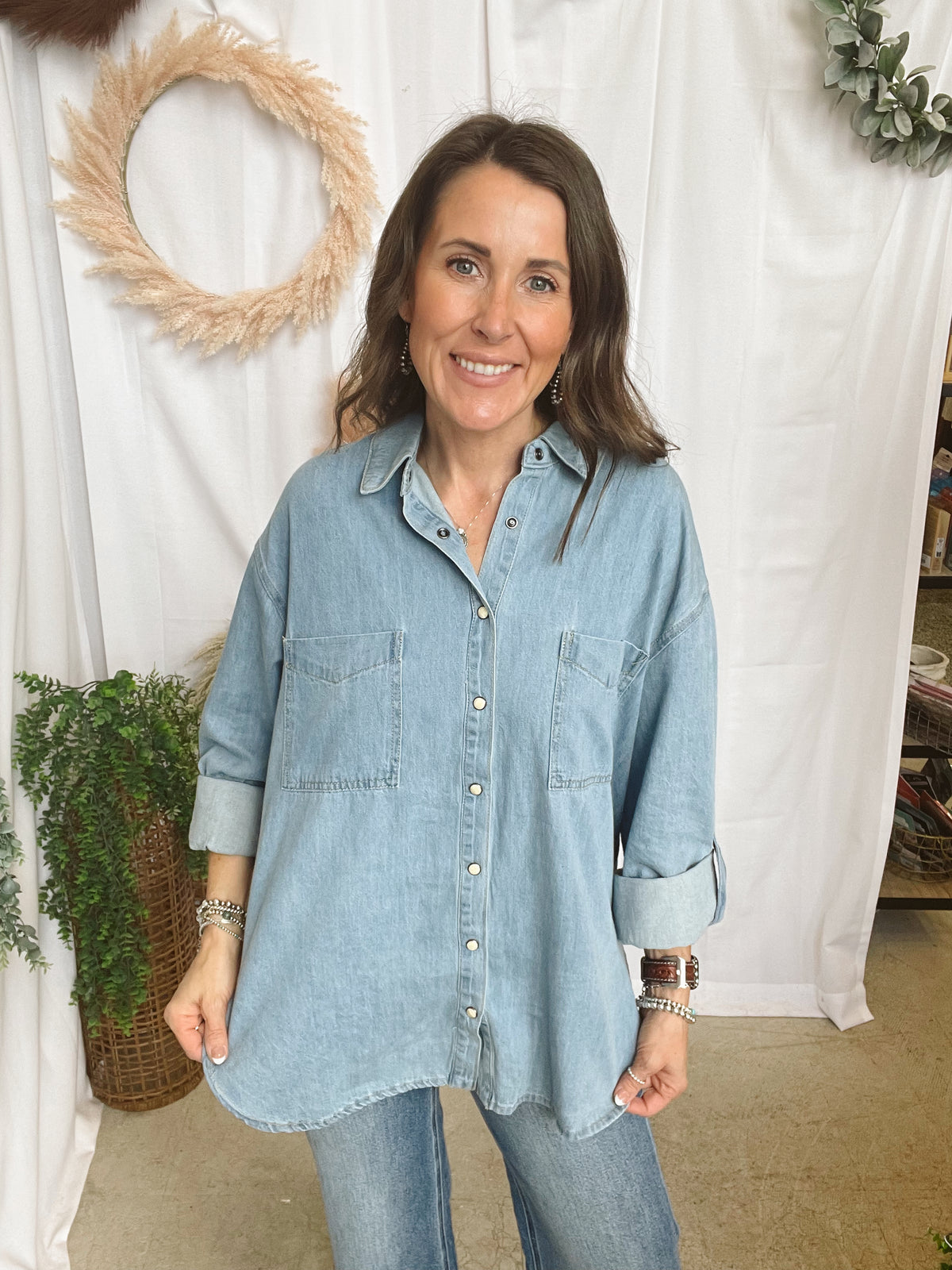 Sutton Denim Button Up Shirt-Long Sleeve Tops-blu pepper-The Silo Boutique, Women's Fashion Boutique Located in Warren and Grand Forks North Dakota