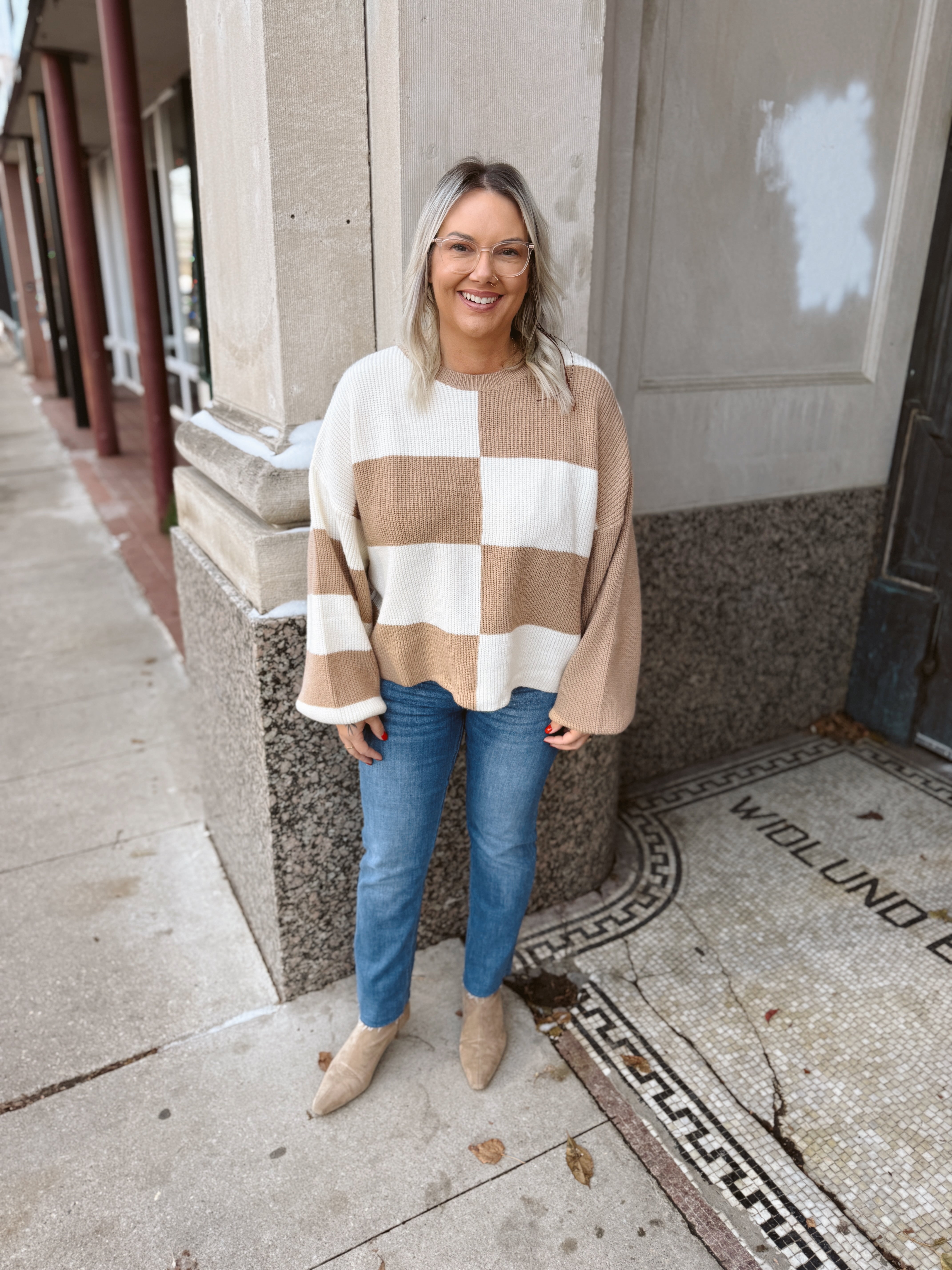 Merci Taupe Check Sweater*-Sweaters-&merci-The Silo Boutique, Women's Fashion Boutique Located in Warren and Grand Forks North Dakota