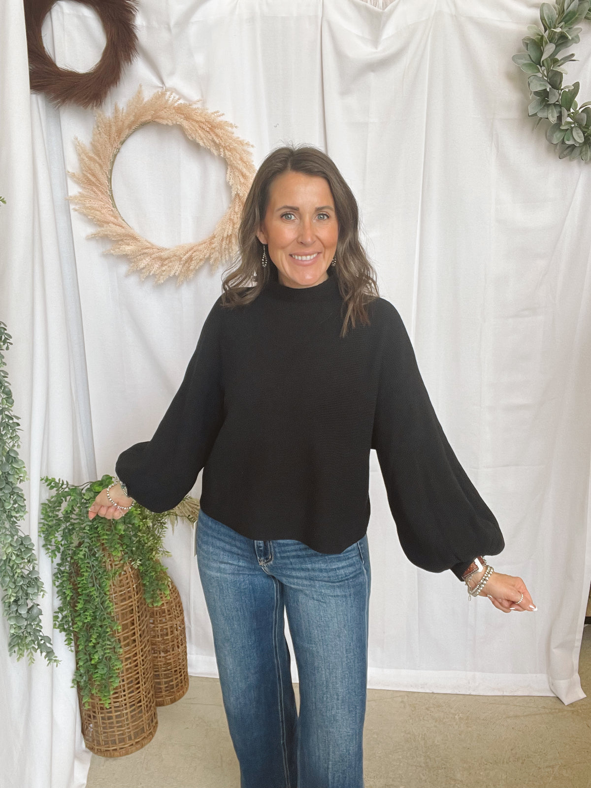Malia Mock Neck Sweater-Black-Sweaters-ENTRO-The Silo Boutique, Women's Fashion Boutique Located in Warren and Grand Forks North Dakota