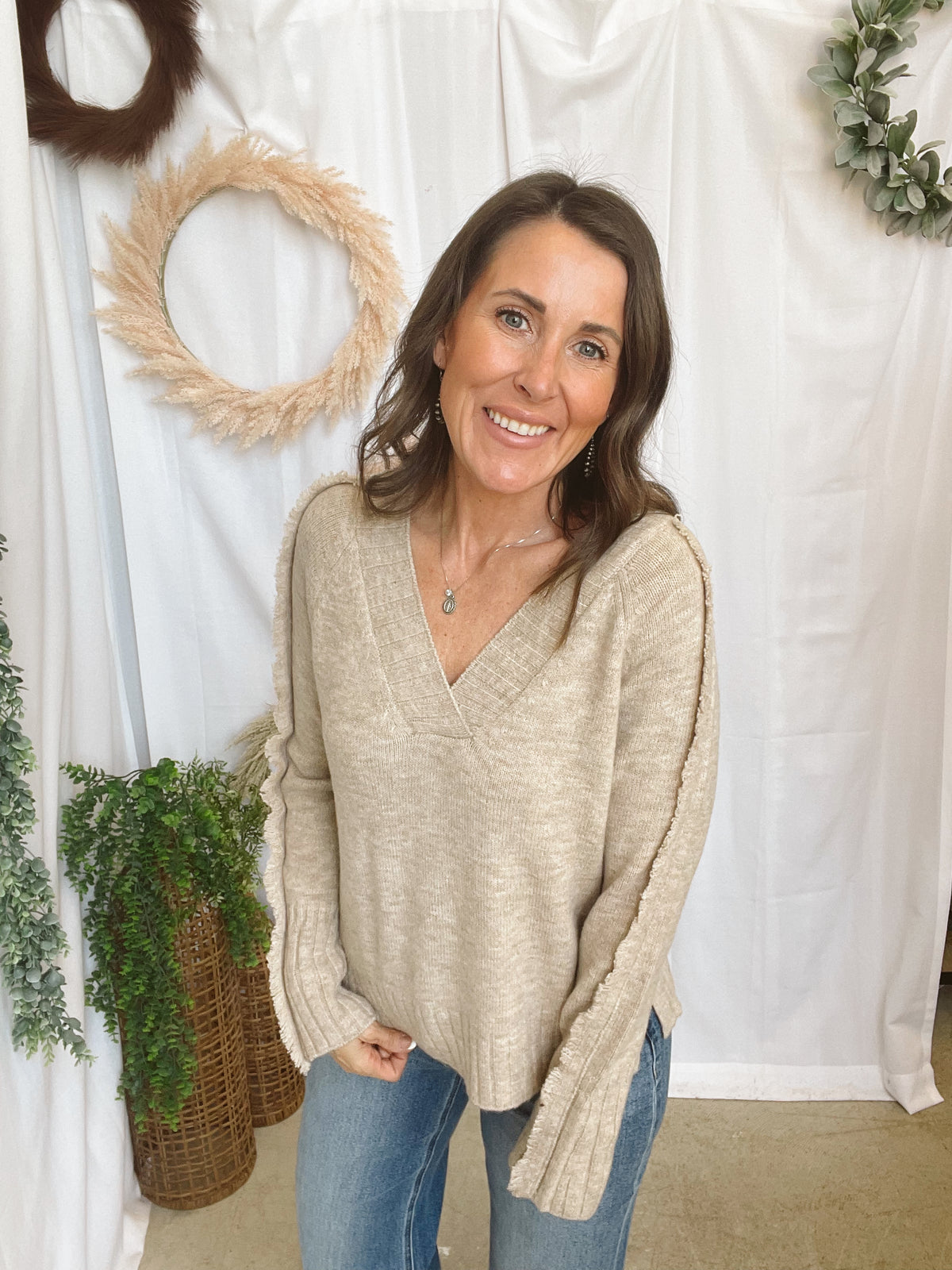 Elan Falling V Neck Sweater-Stone-Sweaters-elan-The Silo Boutique, Women's Fashion Boutique Located in Warren and Grand Forks North Dakota