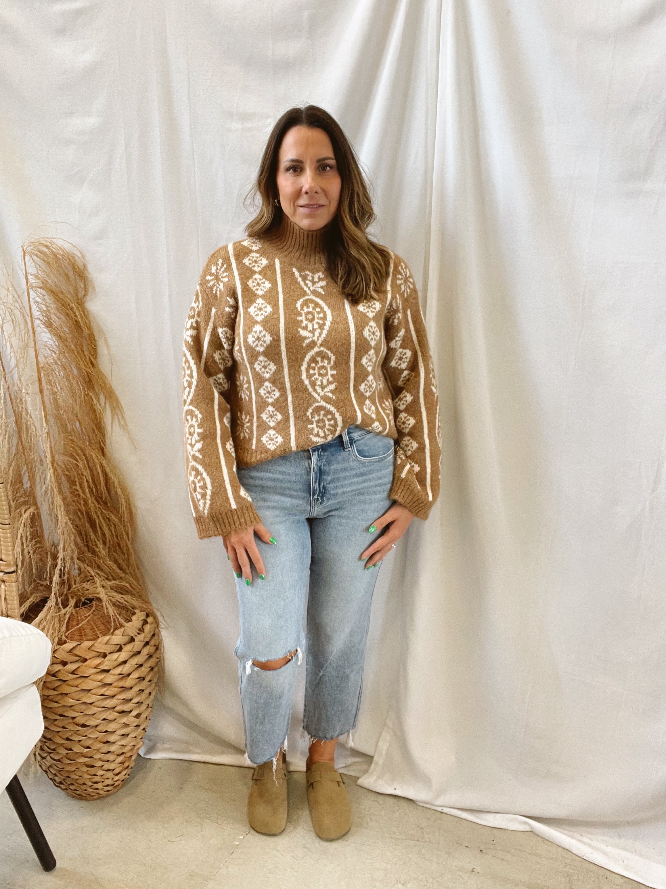 Tan Floral Mock Neck Sweater-Final Sale-Sweaters-promesa-The Silo Boutique, Women's Fashion Boutique Located in Warren and Grand Forks North Dakota