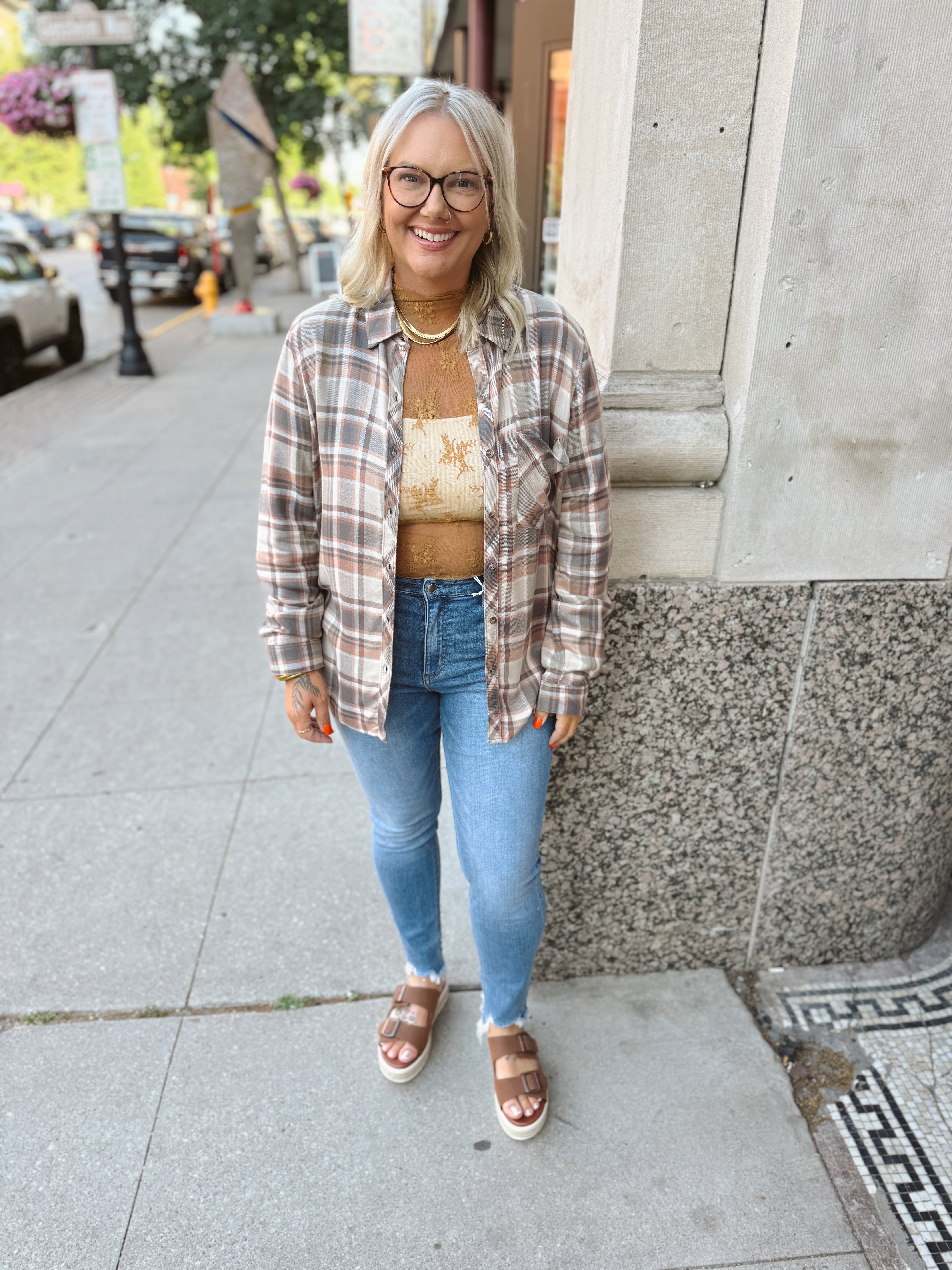 Cool Brown Red Plaid Flannel Top-Final Sale-Long Sleeve Tops-be cool-The Silo Boutique, Women's Fashion Boutique Located in Warren and Grand Forks North Dakota