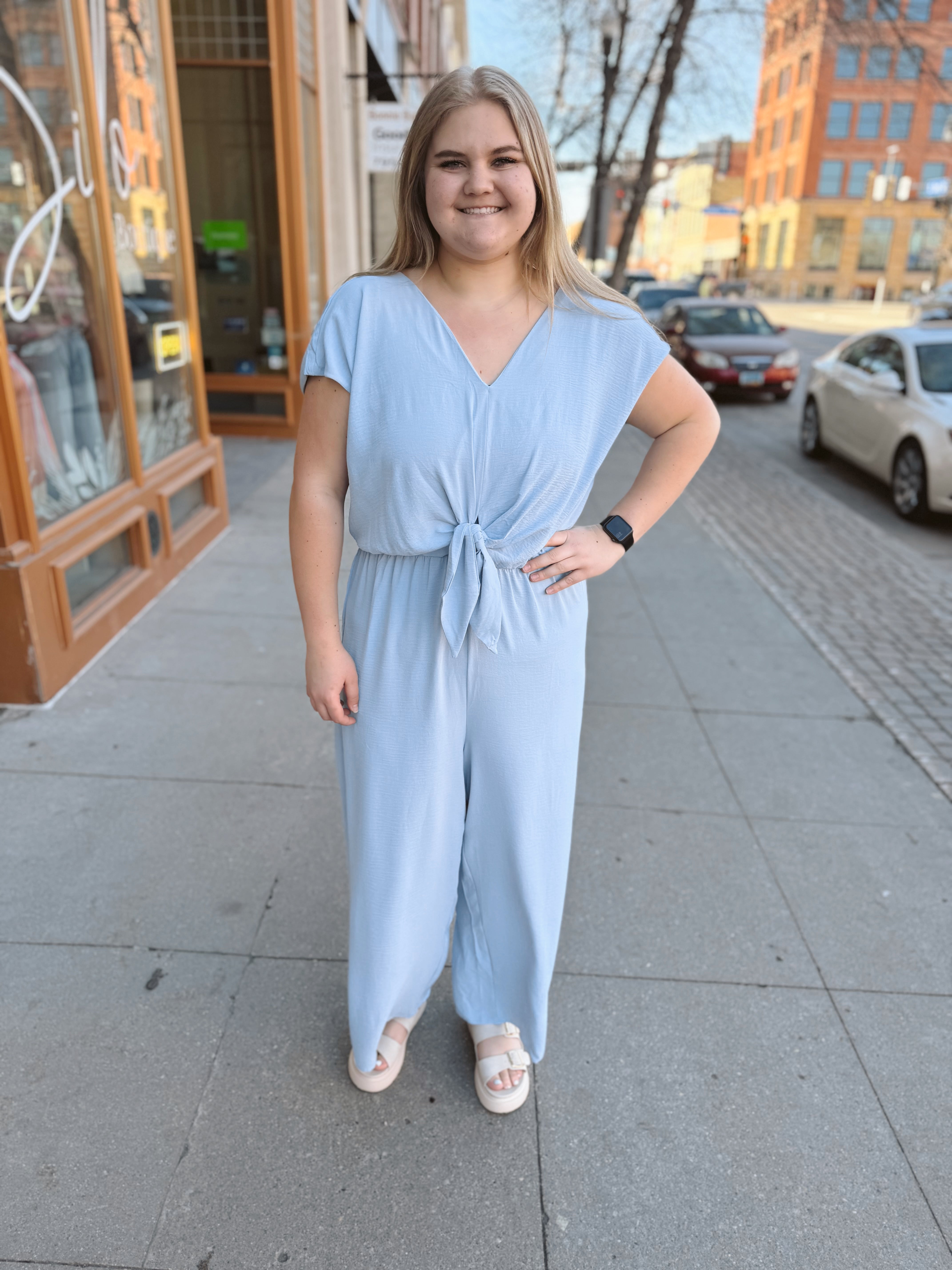 Light Blue Short Sleeve Sky Jumpsuit-Final Sale Online Only-Jumpsuits & Rompers-she and sky-The Silo Boutique, Women's Fashion Boutique Located in Warren and Grand Forks North Dakota