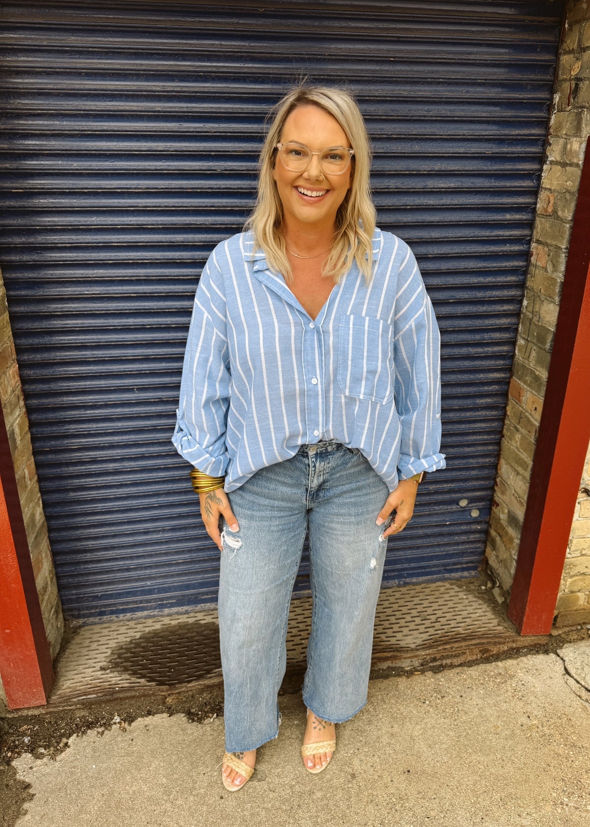 Miss Love Blue Striped Button Down Top-Final Sale Online Only-Long Sleeve Tops-miss love-The Silo Boutique, Women's Fashion Boutique Located in Warren and Grand Forks North Dakota