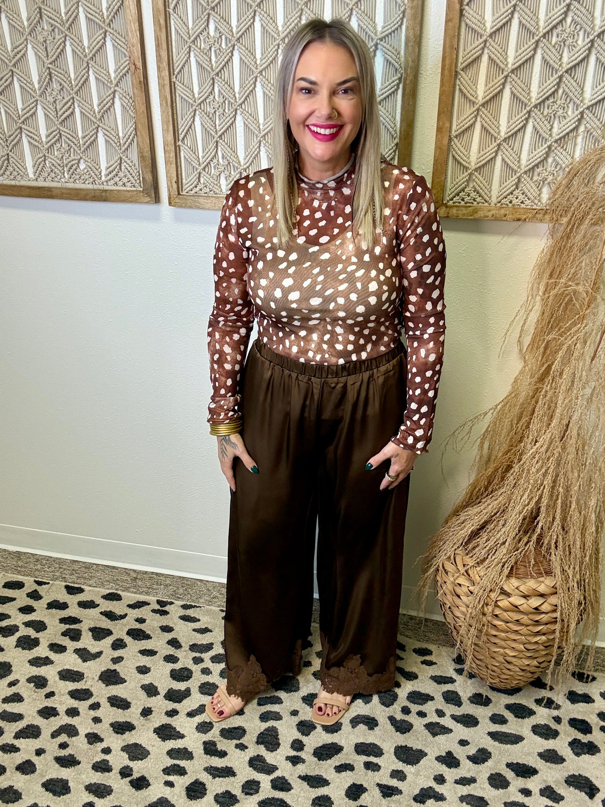 Polly Lace Trim Pants-Brown-Pants-baevely-The Silo Boutique, Women's Fashion Boutique Located in Warren and Grand Forks North Dakota