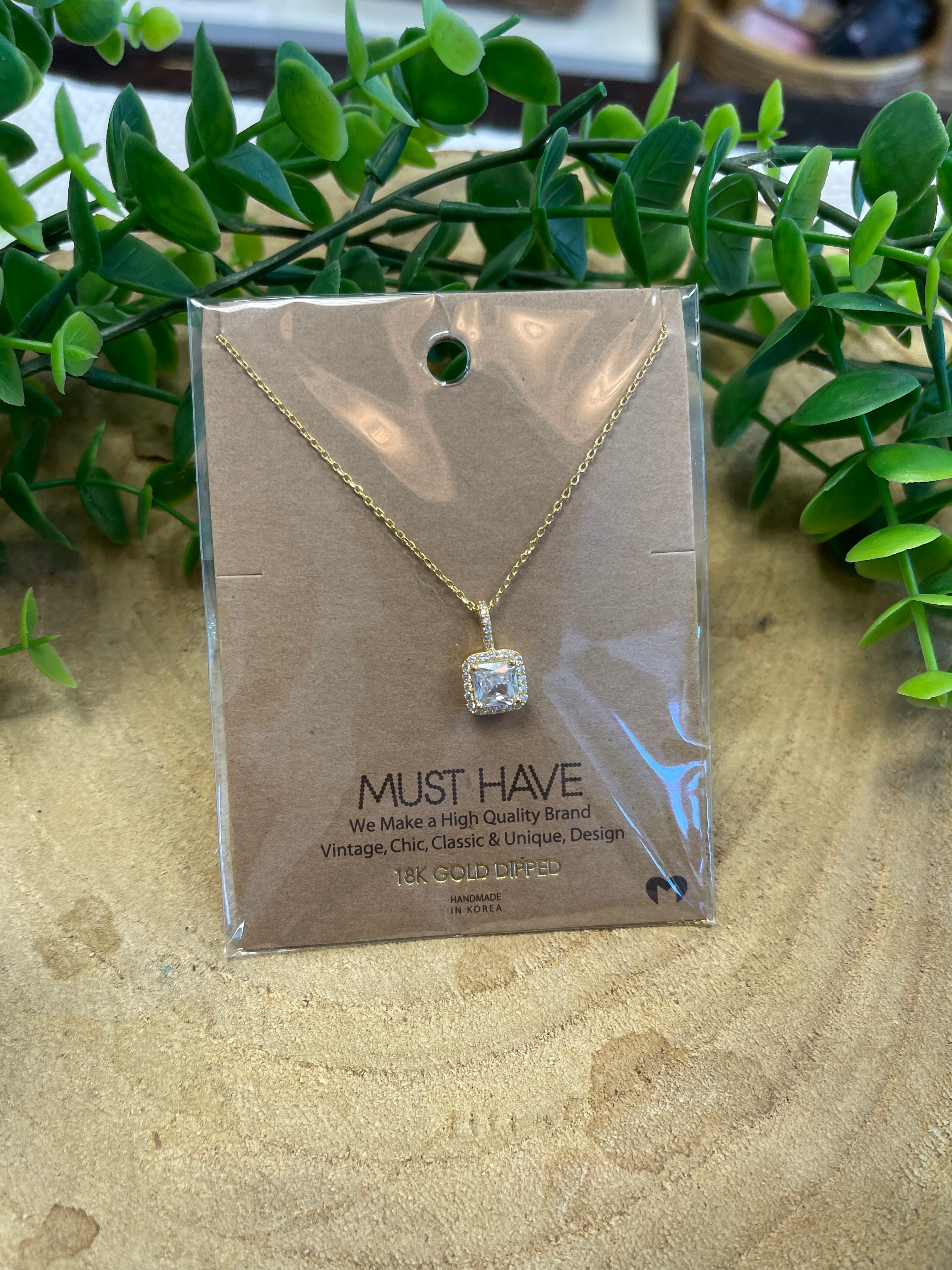 Gold Square Rhinestone Pendant Necklace-Necklaces-Fame-The Silo Boutique, Women's Fashion Boutique Located in Warren and Grand Forks North Dakota