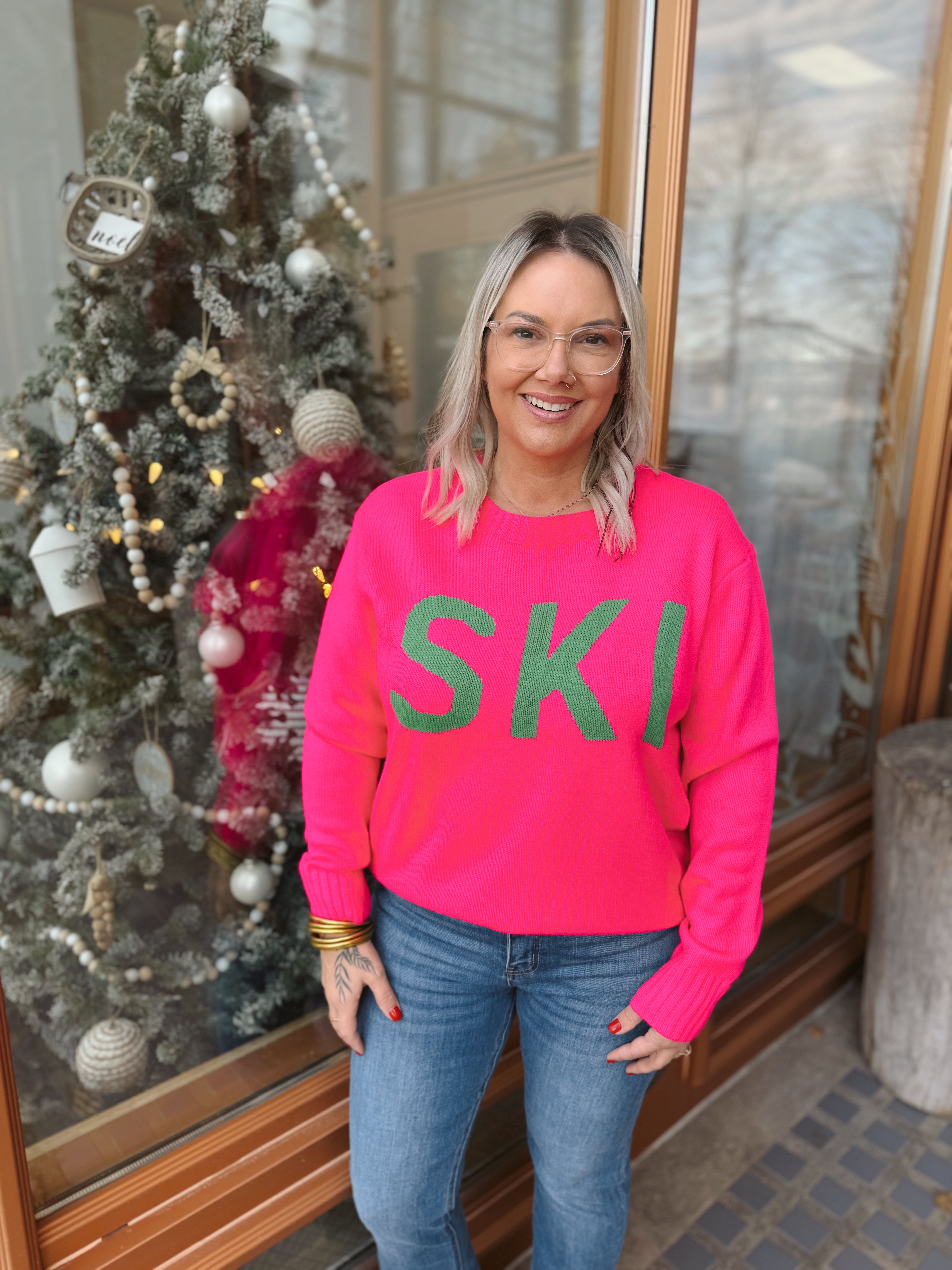 Pink Ski Sweater-Sweaters-panache-The Silo Boutique, Women's Fashion Boutique Located in Warren and Grand Forks North Dakota