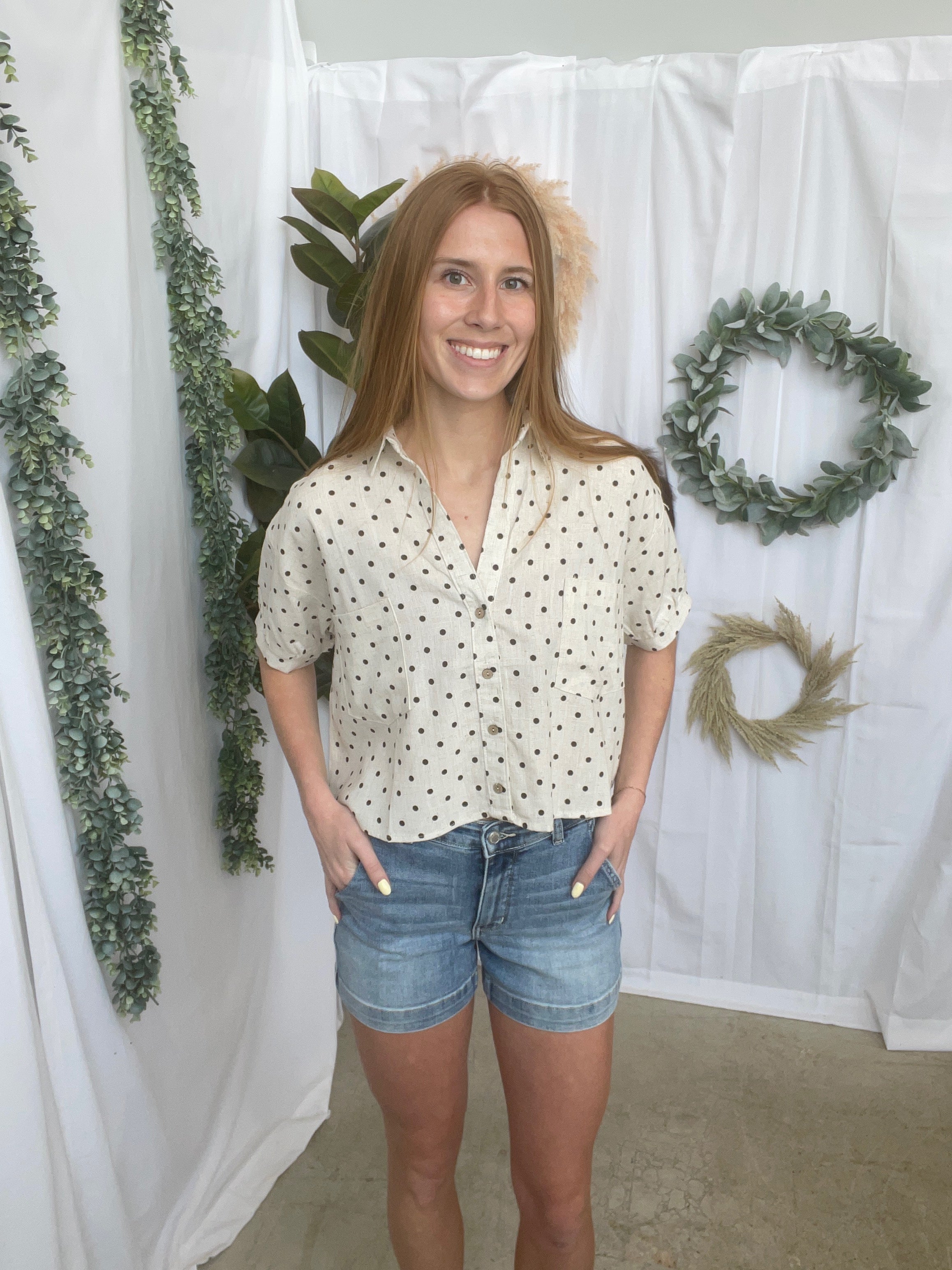 Oatmeal Polka Dot Shirt-Short Sleeve Tops-hyfve-The Silo Boutique, Women's Fashion Boutique Located in Warren and Grand Forks North Dakota