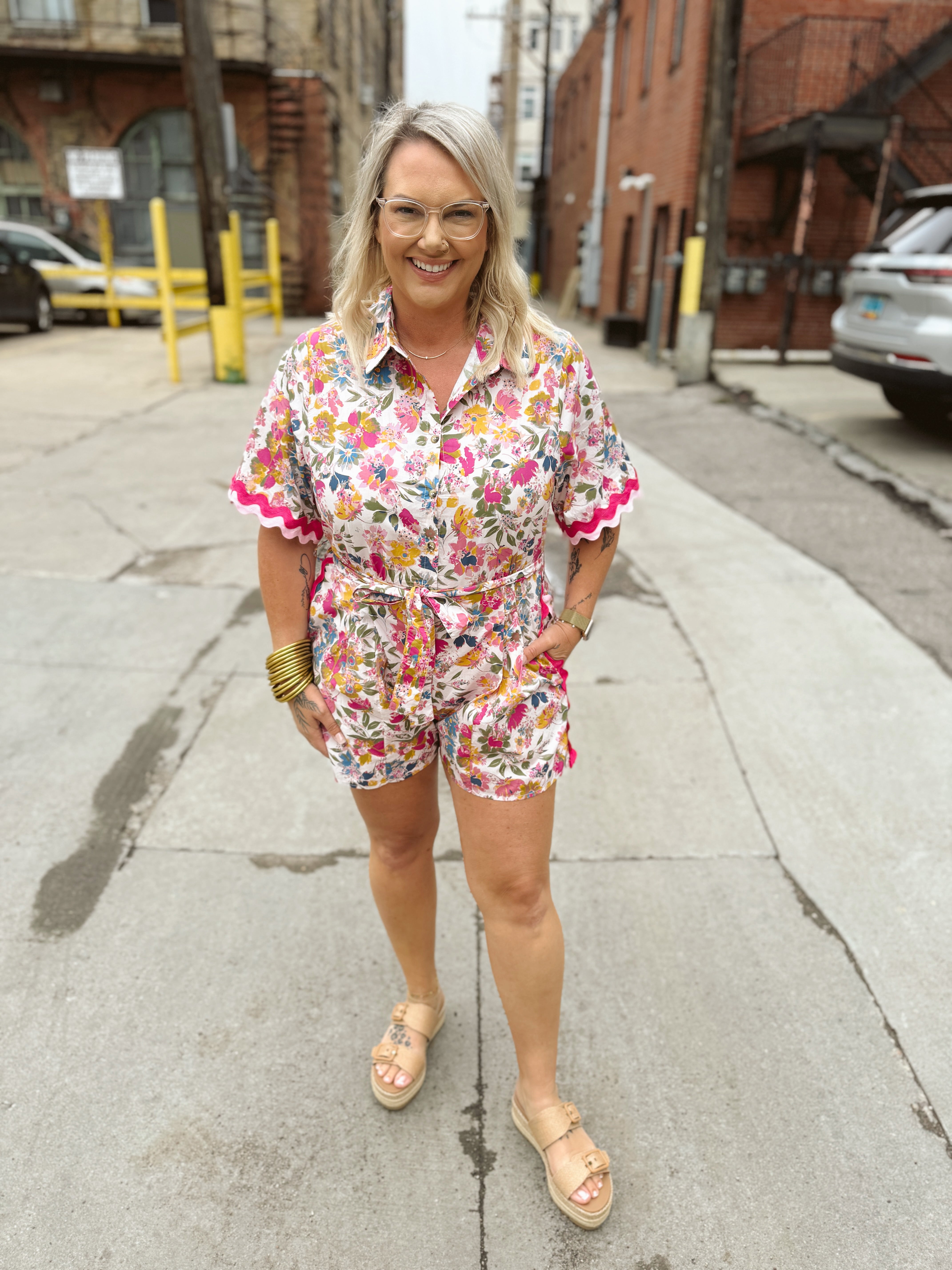 Pink Ribbon Trip Floral Romper-Final Sale Online Only-Jumpsuits & Rompers-entro-The Silo Boutique, Women's Fashion Boutique Located in Warren and Grand Forks North Dakota