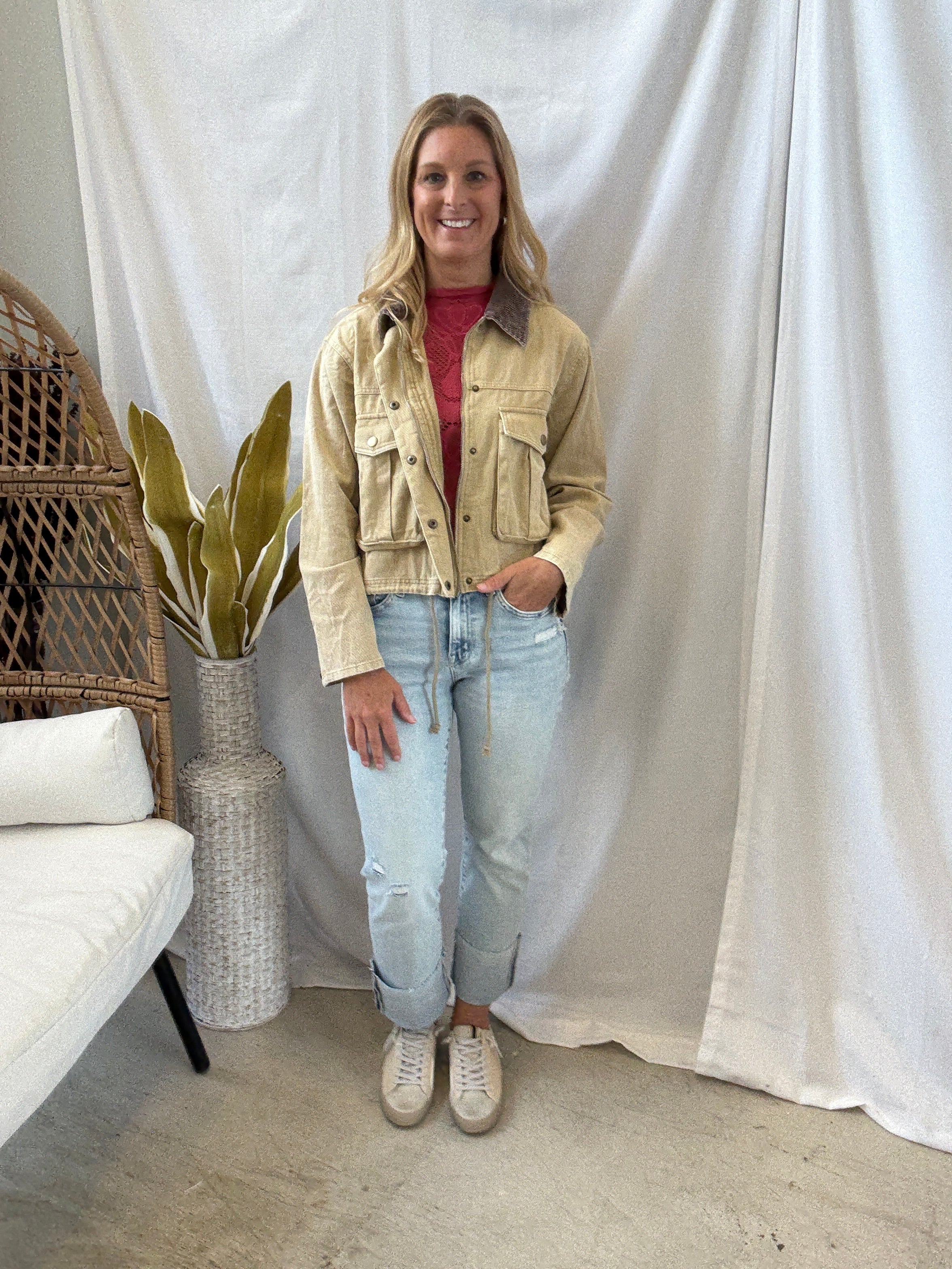 Corduroy Collar Twill Jacket-Sand-Coats & Jackets-hem and thread-The Silo Boutique, Women's Fashion Boutique Located in Warren and Grand Forks North Dakota