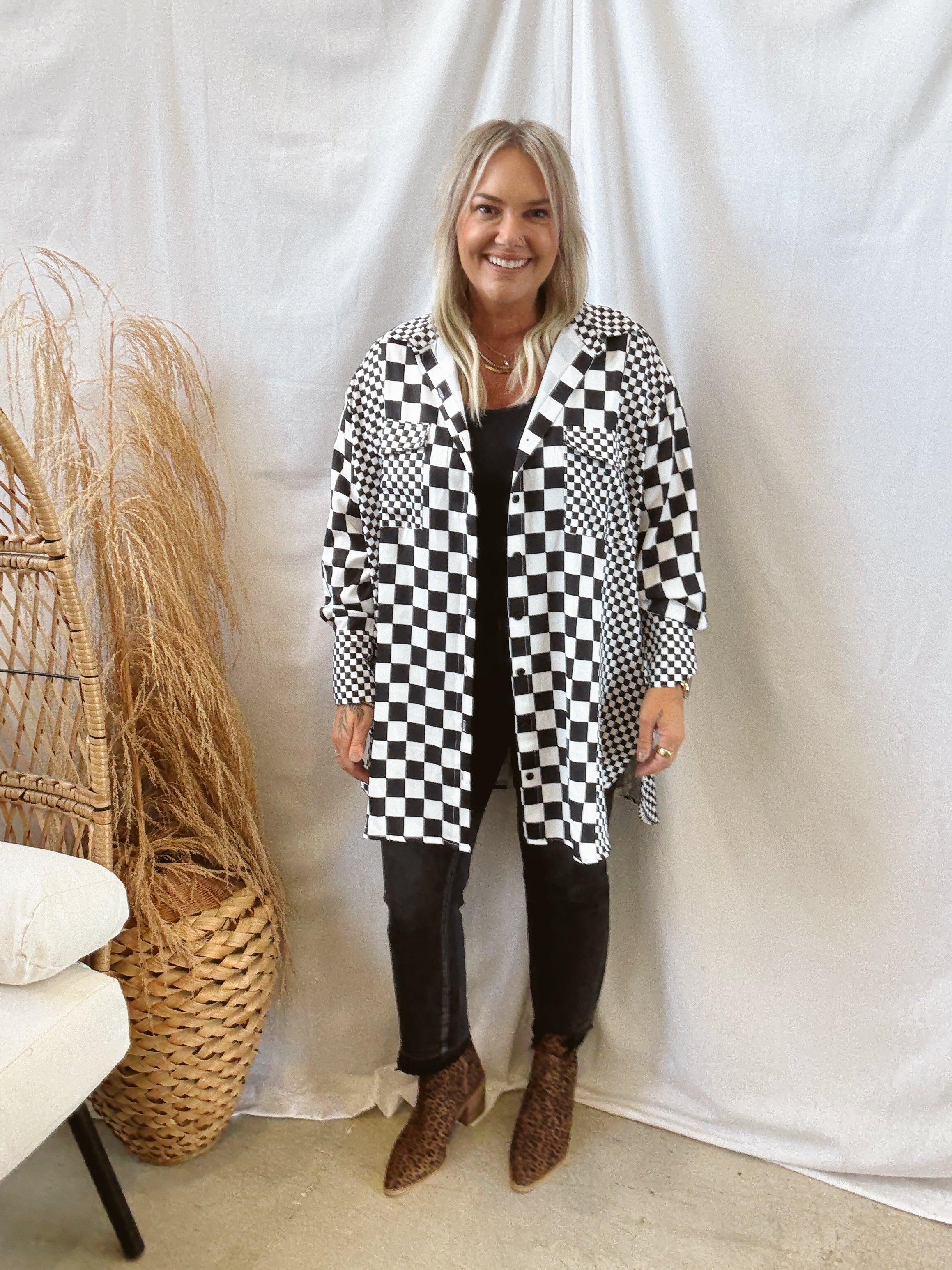 Checkered Oversize Button Up Top-Final Sale-Long Sleeve Tops-jade-The Silo Boutique, Women's Fashion Boutique Located in Warren and Grand Forks North Dakota
