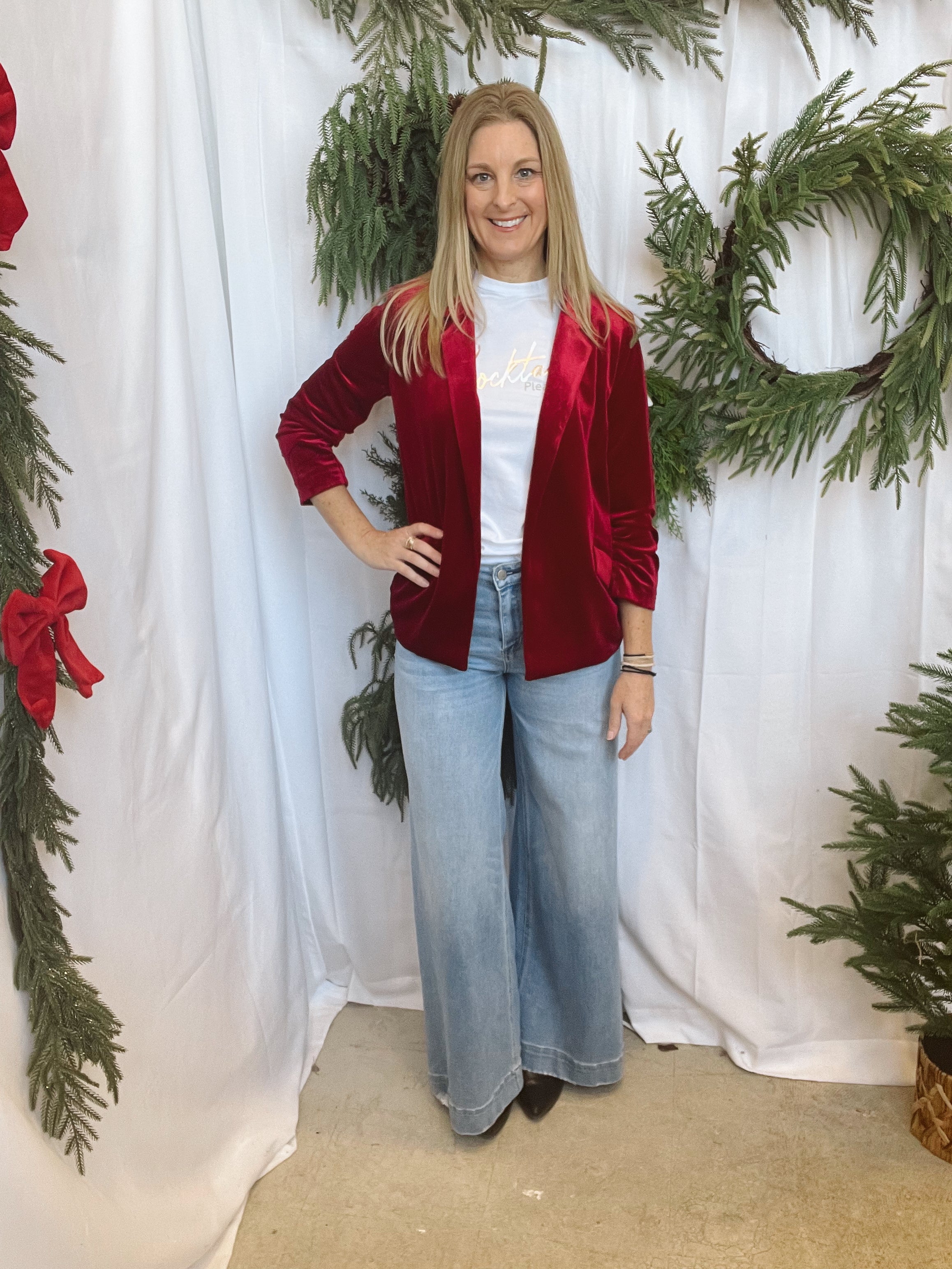 Ruby Red Velvet Blazer-Final sale-Blazers-skies are blue-The Silo Boutique, Women's Fashion Boutique Located in Warren and Grand Forks North Dakota