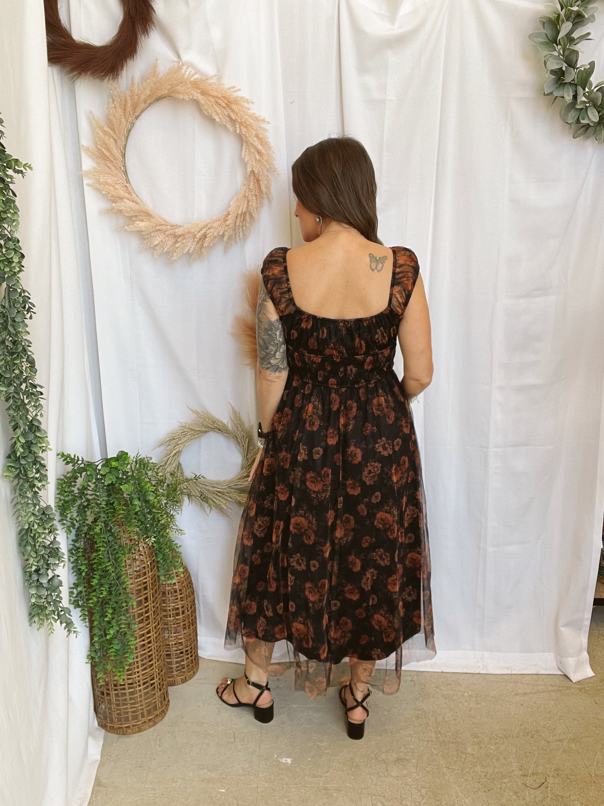 Becca Black Floral Shirred Dress-Dresses-blu pepper-The Silo Boutique, Women's Fashion Boutique Located in Warren and Grand Forks North Dakota