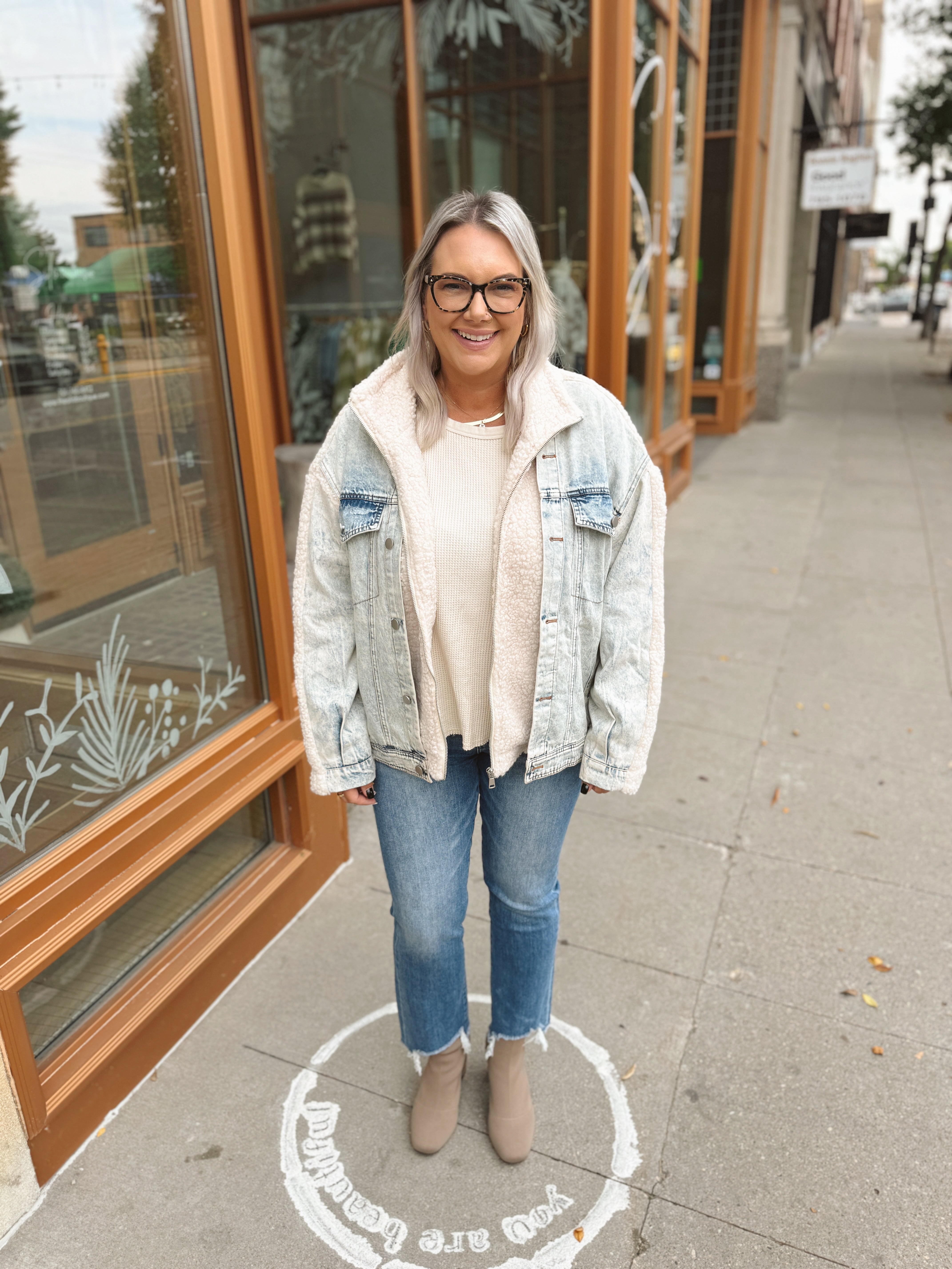 Missy Denim and Sherpa Jacket-Coats & Jackets-mystree-The Silo Boutique, Women's Fashion Boutique Located in Warren and Grand Forks North Dakota