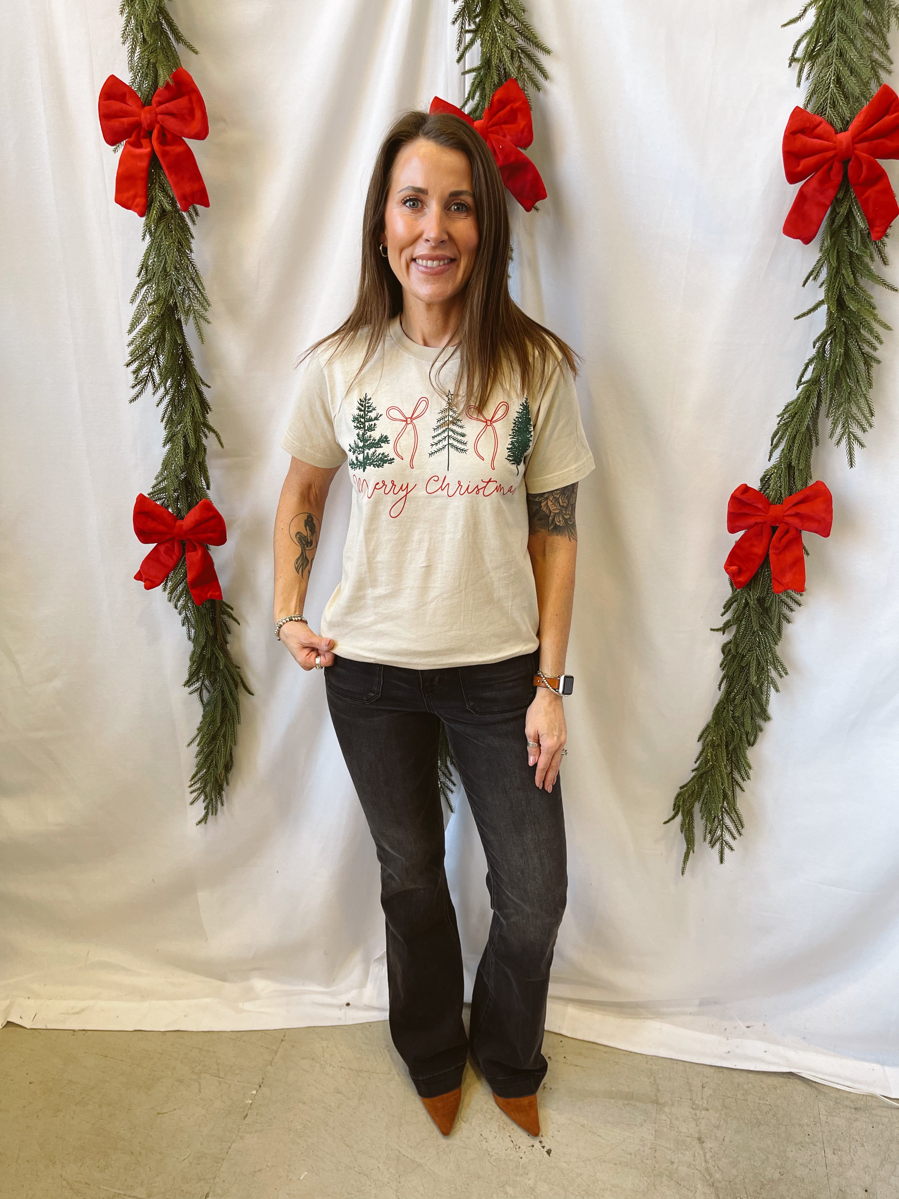Merry Christmas Bow + Tree Tee-Final Sale-Graphic Tees-Summer Tees-The Silo Boutique, Women's Fashion Boutique Located in Warren and Grand Forks North Dakota