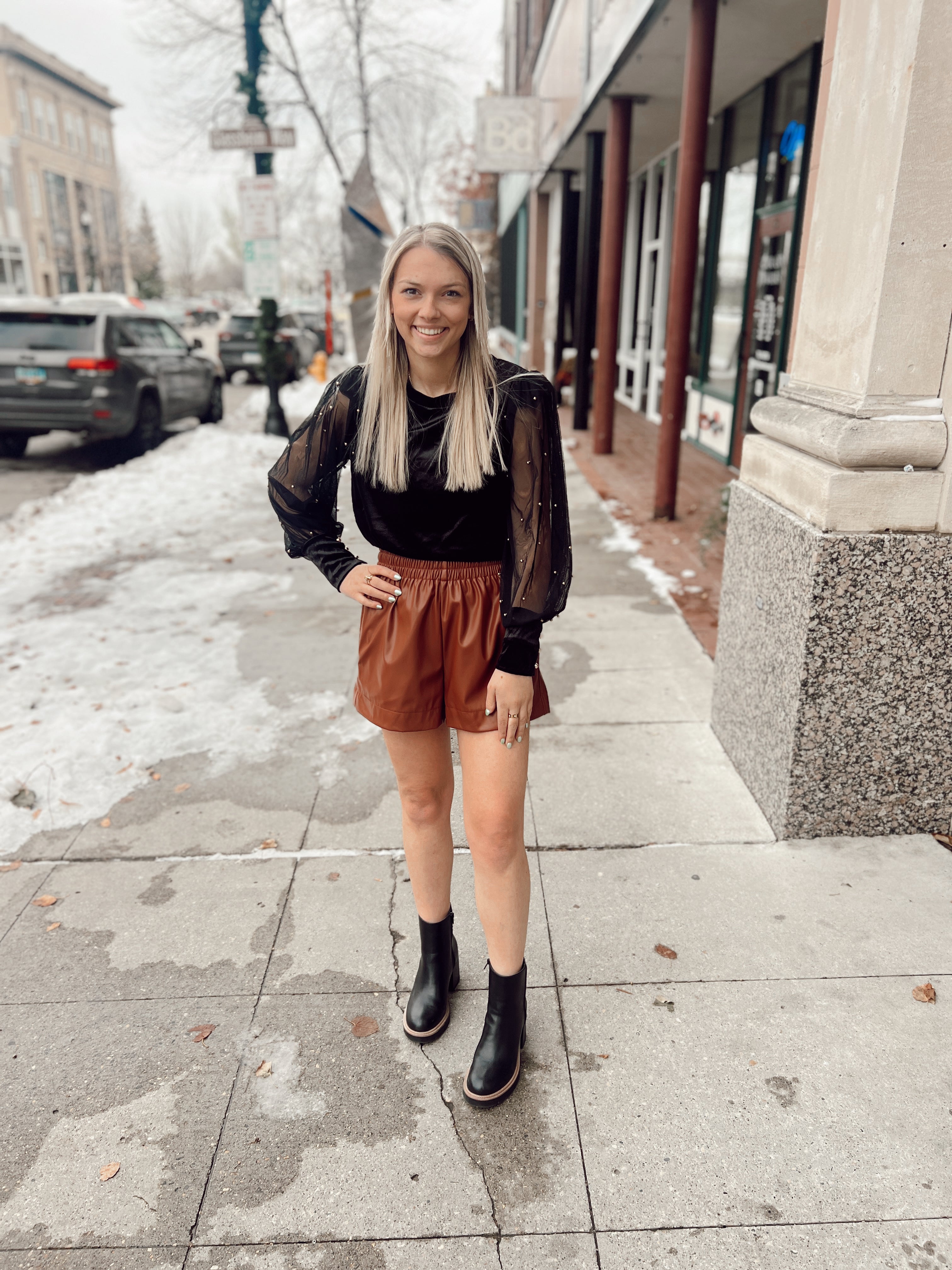 Foxy Walnut Leather Shorts-Shorts-ENTRO-The Silo Boutique, Women's Fashion Boutique Located in Warren and Grand Forks North Dakota