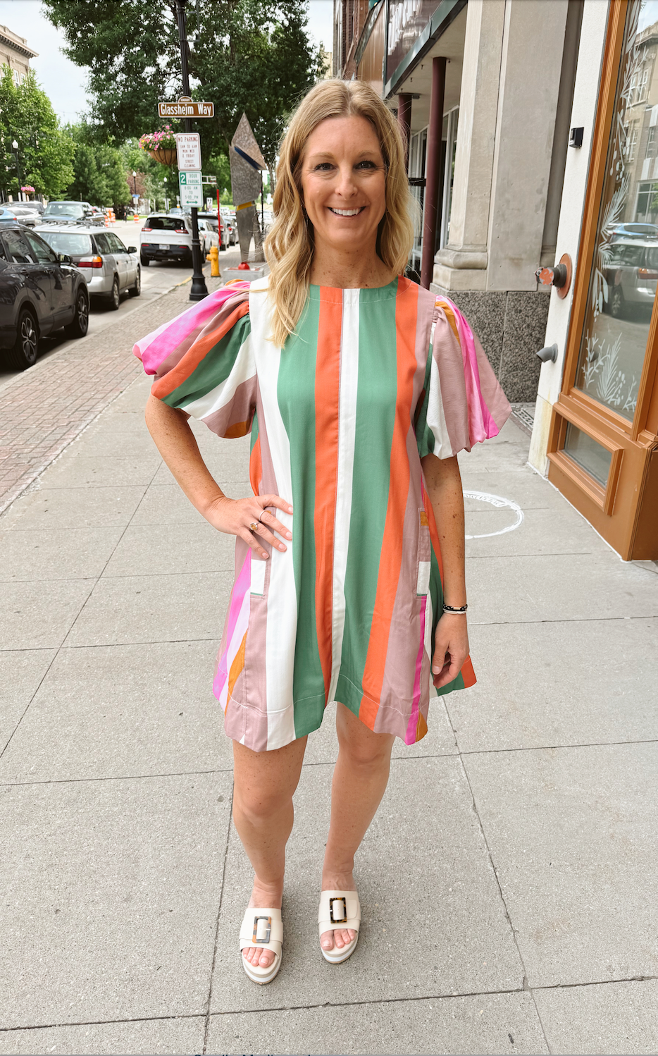 Striped Bubble Sleeve Dress-Dresses-ENTRO-The Silo Boutique, Women's Fashion Boutique Located in Warren and Grand Forks North Dakota