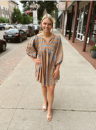 Mocha and Blue Striped Dress-Final Sale Online Only-Dresses-ENTRO-The Silo Boutique, Women's Fashion Boutique Located in Warren and Grand Forks North Dakota