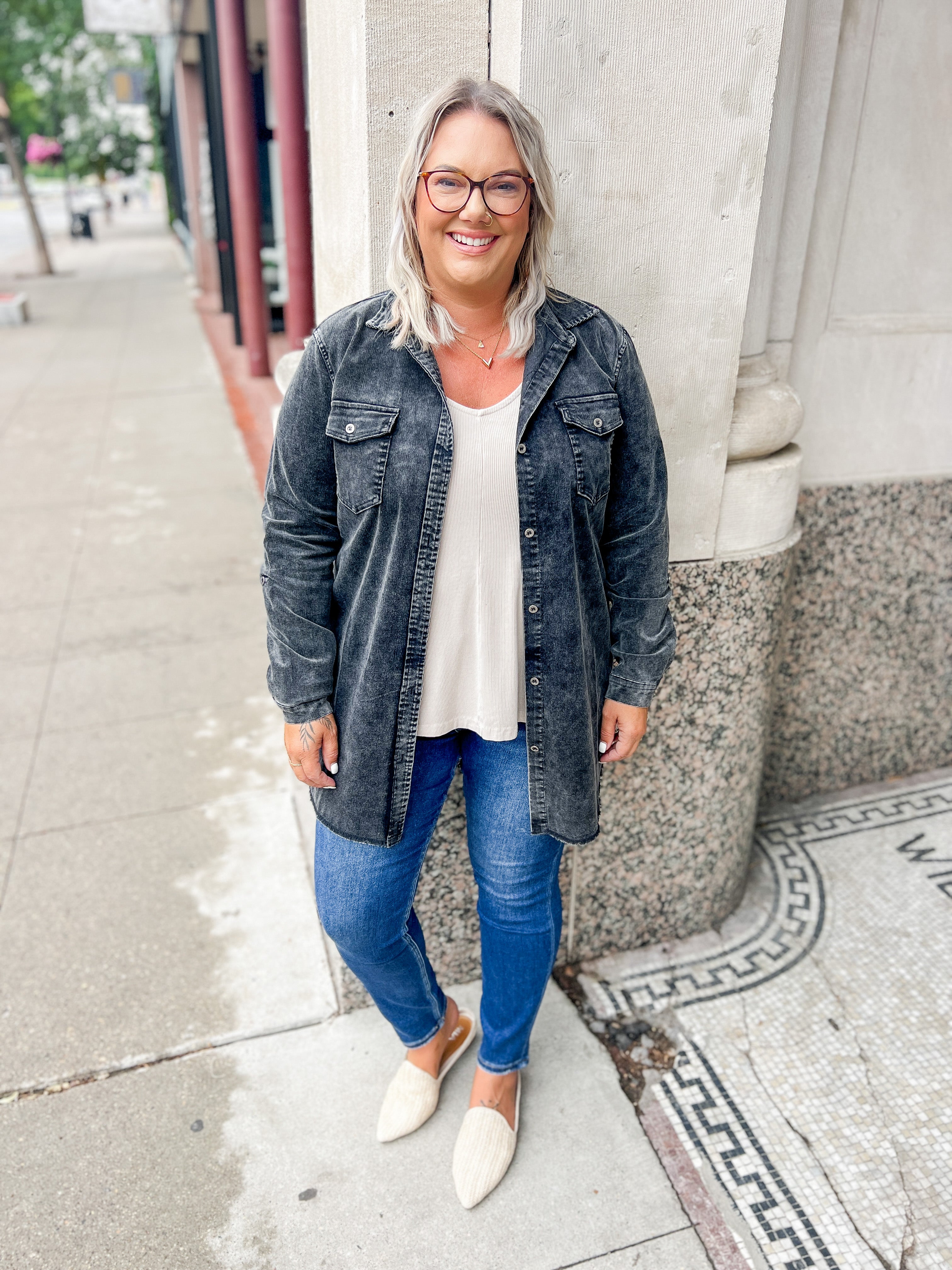 Charcoal Mineral Wash Corded Shirt-shirt-Umgee-The Silo Boutique, Women's Fashion Boutique Located in Warren and Grand Forks North Dakota