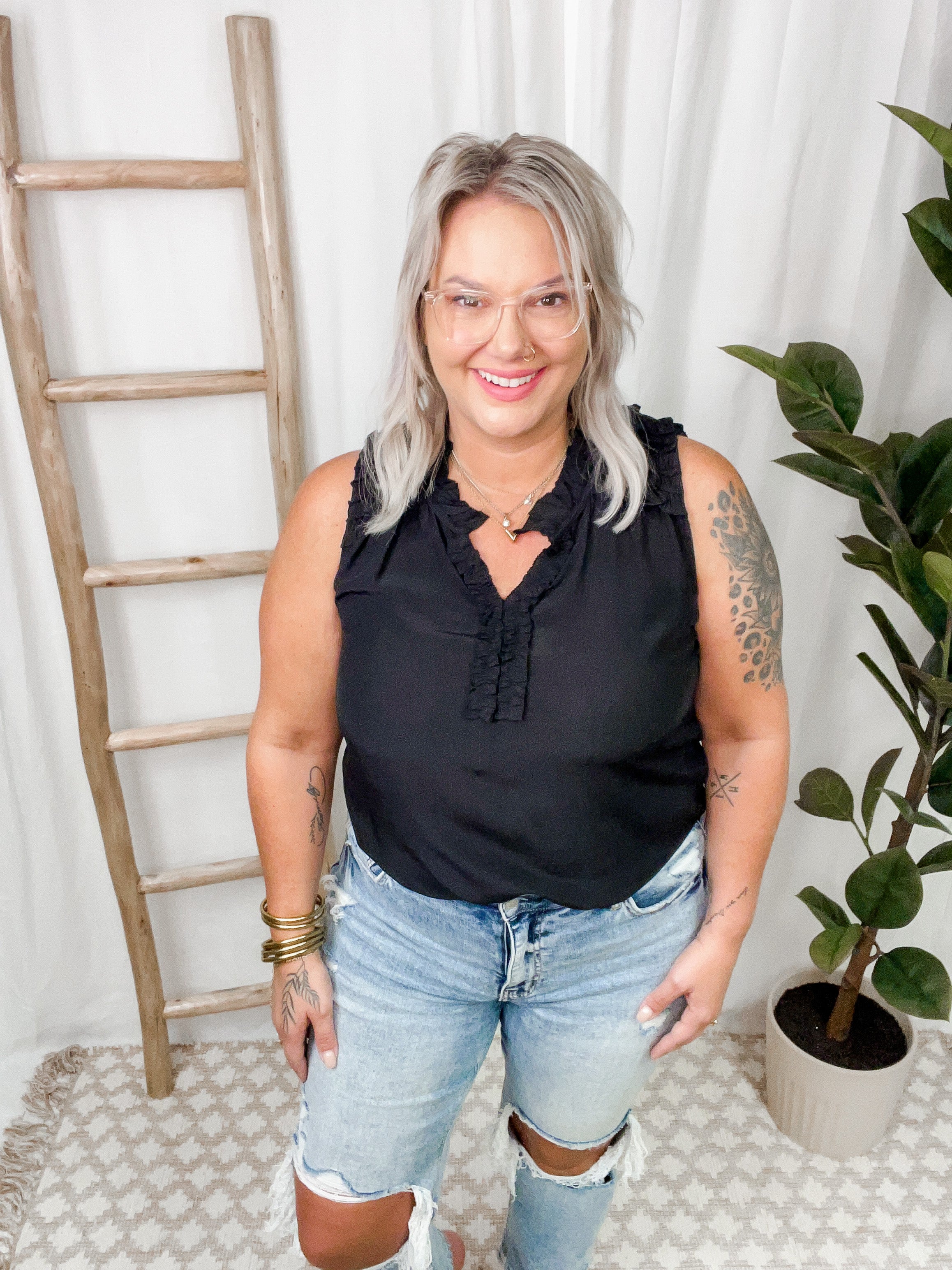 Lovey Black Ruffle Top-Tank Tops-first love-The Silo Boutique, Women's Fashion Boutique Located in Warren and Grand Forks North Dakota