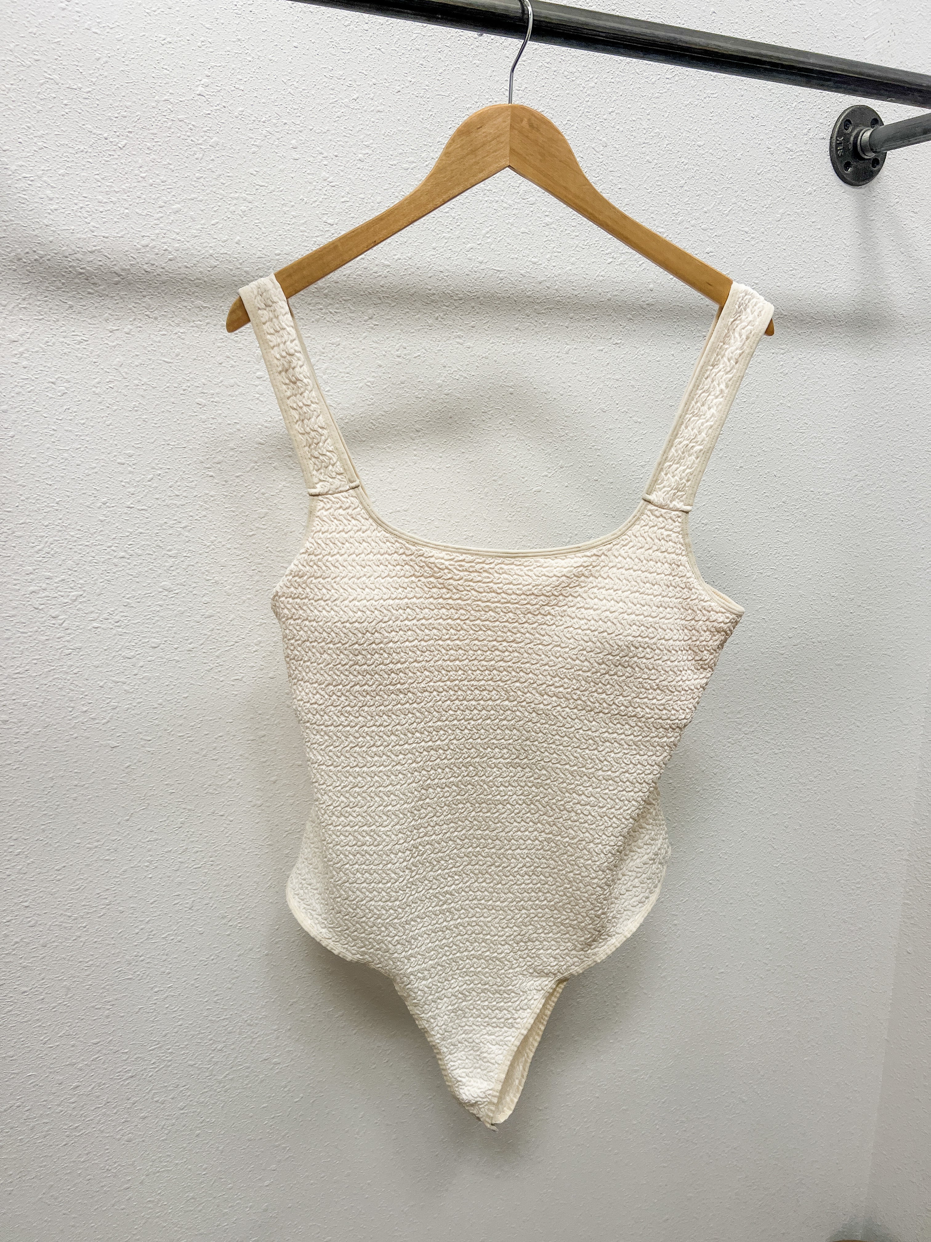 Cream Stretchy Textured Bodysuit-Bodysuits-heyson-The Silo Boutique, Women's Fashion Boutique Located in Warren and Grand Forks North Dakota