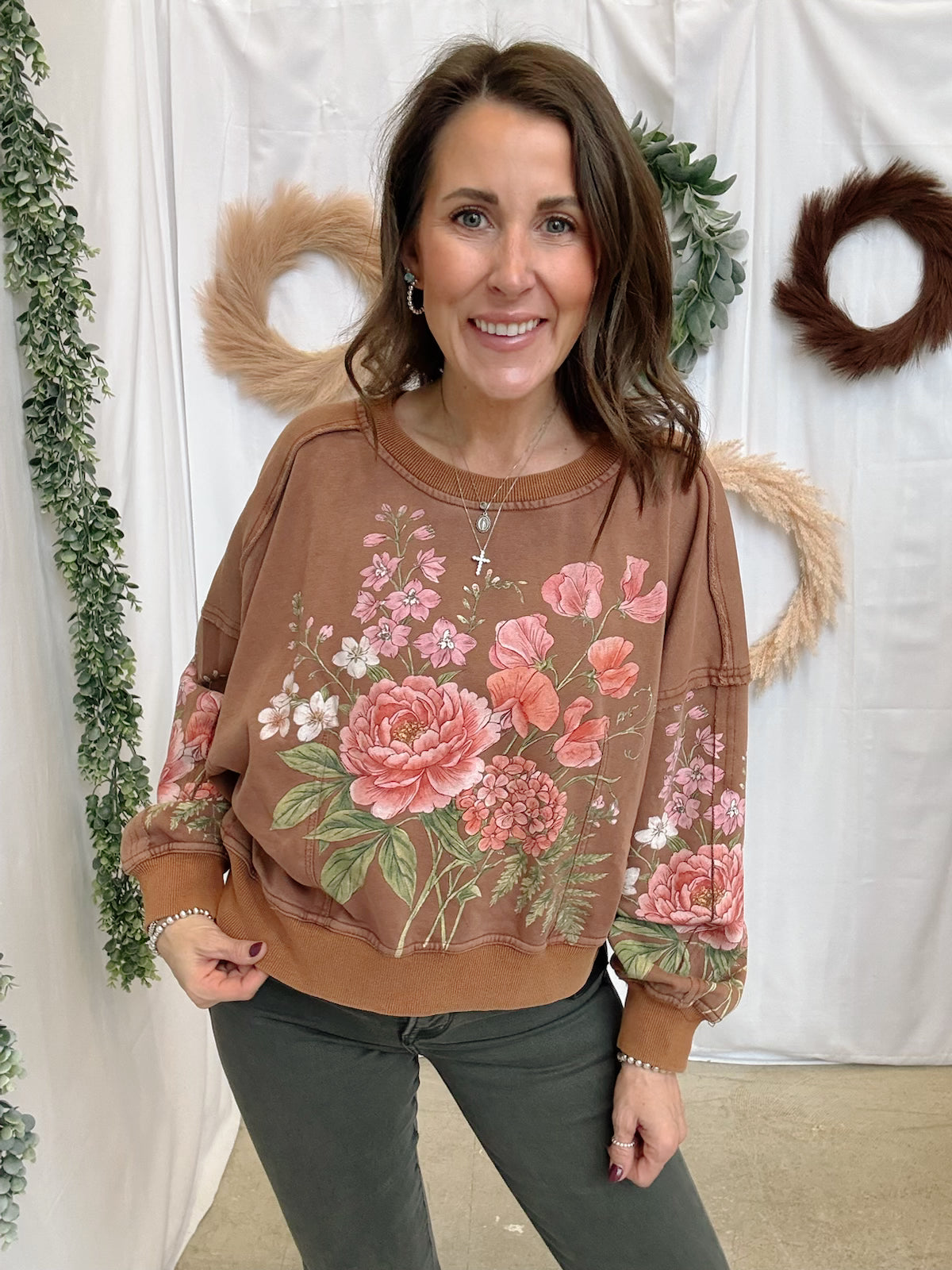 Vintage Botanical Floral Sweatshirt-Mocha-Sweatshirts-davi-The Silo Boutique, Women's Fashion Boutique Located in Warren and Grand Forks North Dakota