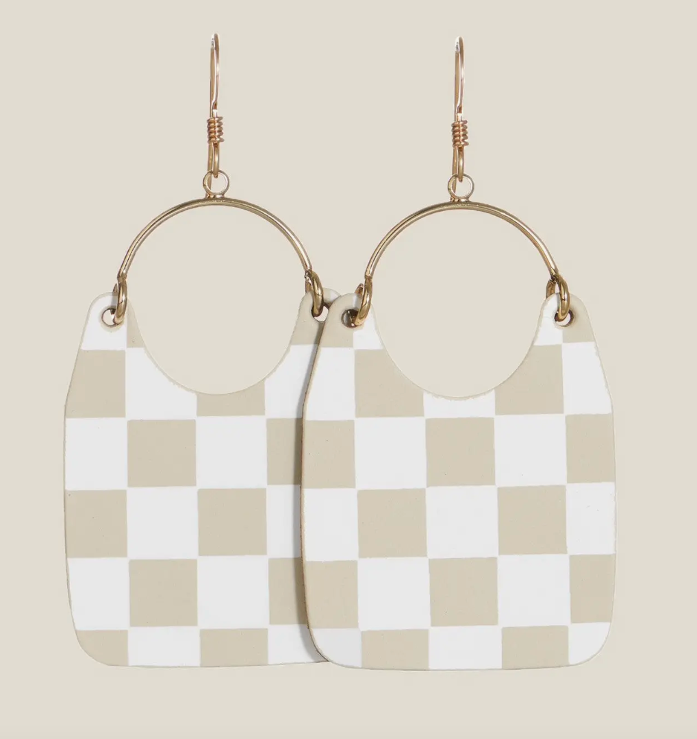 Nickel and Suede Ecru Check Earrings-Earrings-nickel and Suede-The Silo Boutique, Women's Fashion Boutique Located in Warren and Grand Forks North Dakota